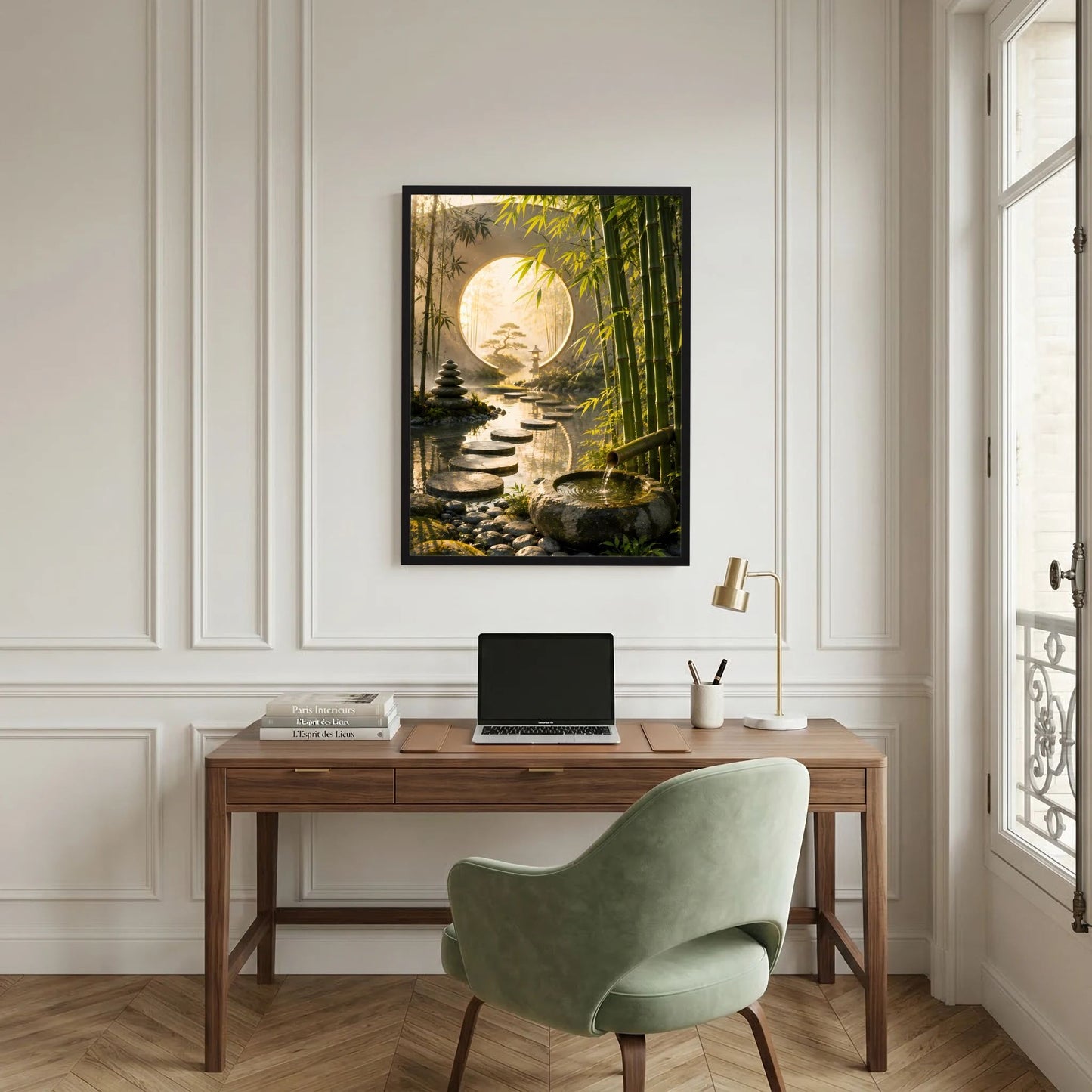 Gerahmtes Hochformat-Poster mit Zen-Garten, rundem Mondtor und Steinen im Vordergrund