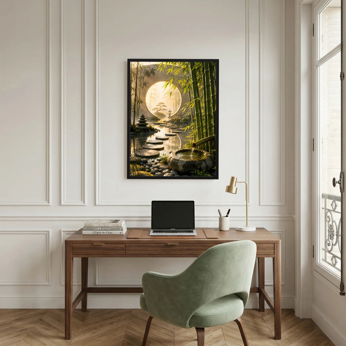 Gerahmtes Hochformat-Poster mit Zen-Garten, rundem Mondtor und Steinen im Vordergrund