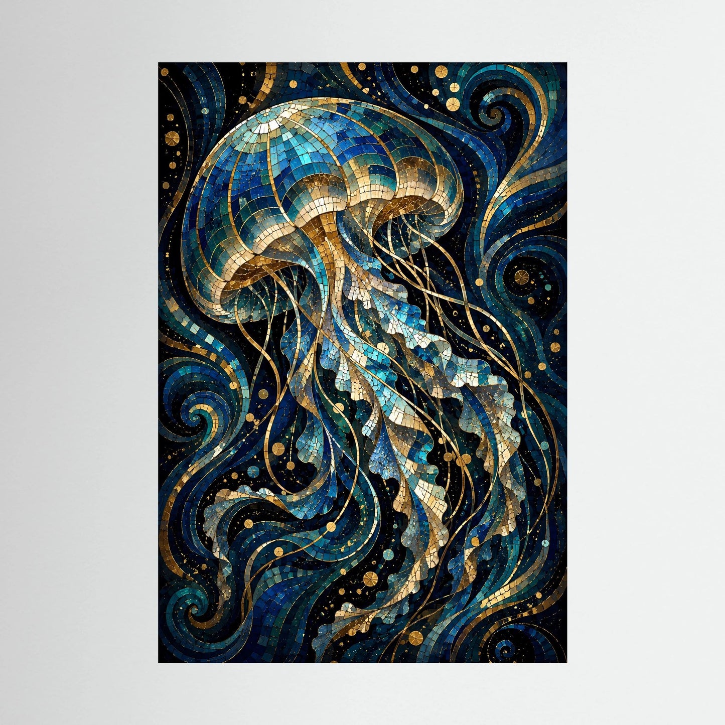 Poster mit Mosaik-Quallen-Motiv in Blau und Gold, ohne Rahmen, hochformatig