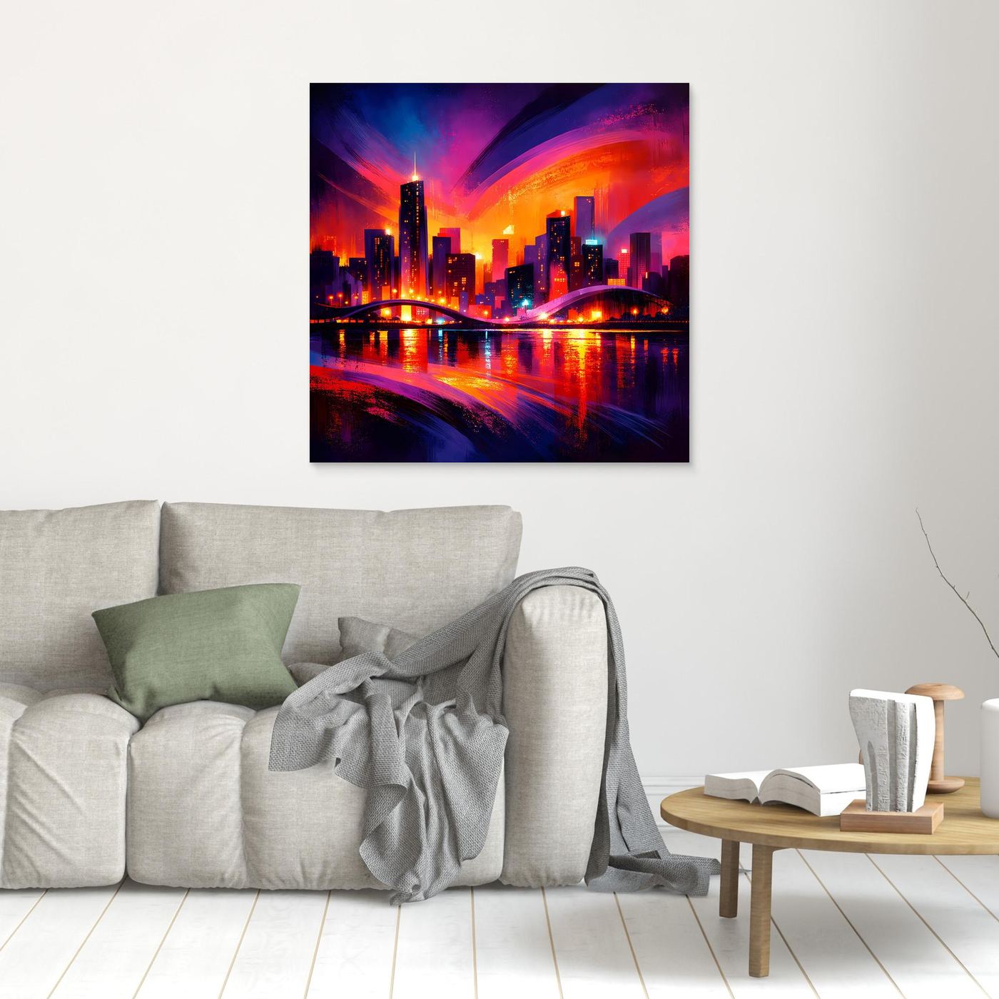 Großstadt-Wandbild mit Skyline bei Nacht, ohne sichtbaren Rahmen, farbintensiver Neon-Look