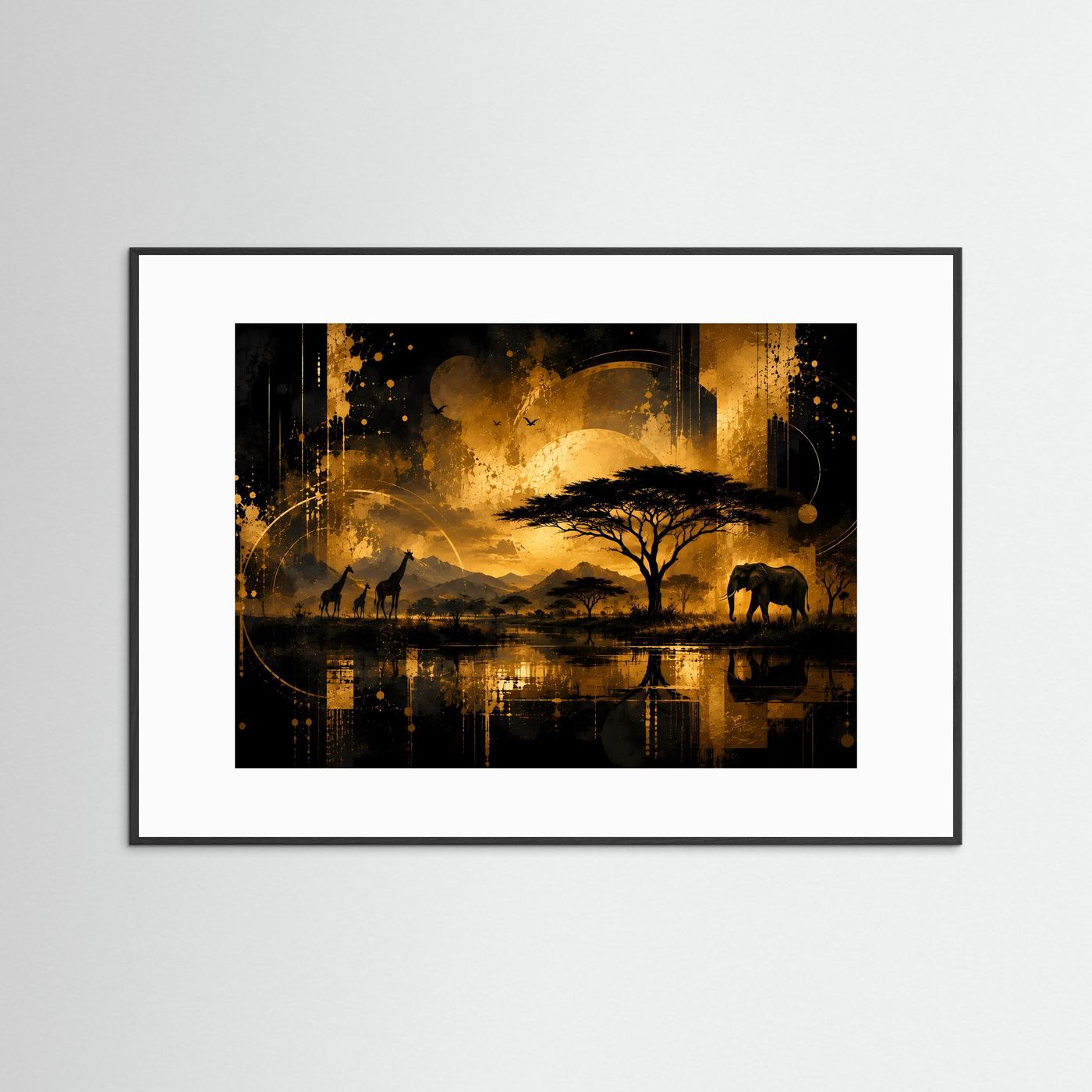 Poster im Querformat: goldene Savanne mit Elefant und Giraffen, Baum und Spiegelung, weißer Rahmen