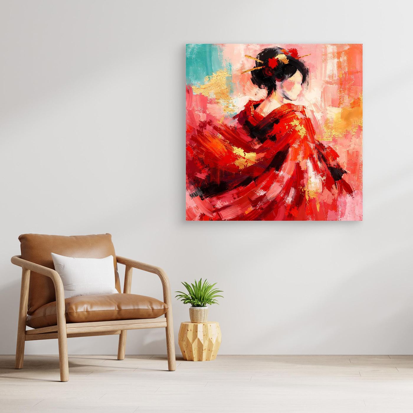 Abstraktes Leinwandbild der Geisha in Rot mit schwarzem Haar und gold-braunem Hintergrund