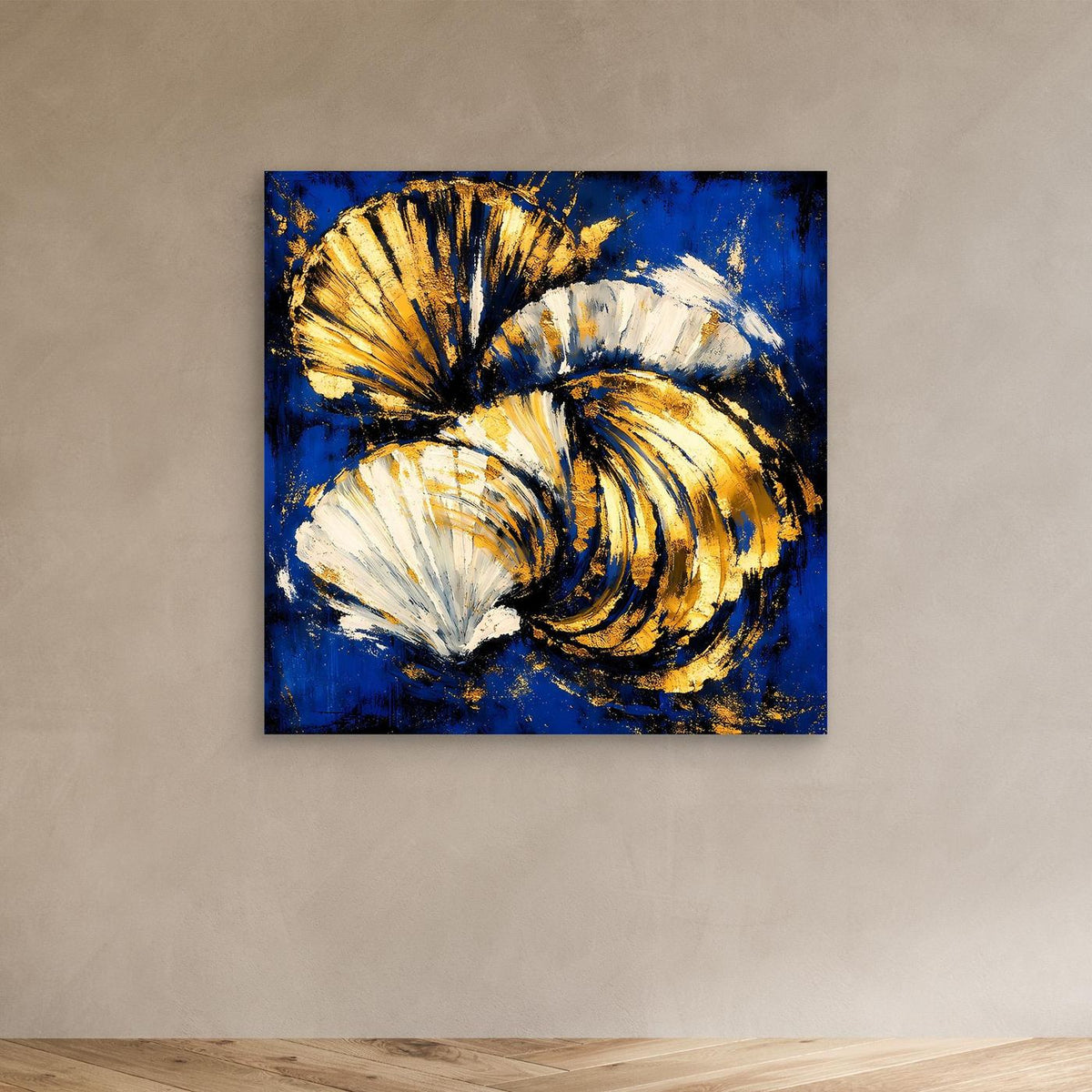 Leinwand-Wandbild mit abstrakten Muscheln in Blau, Weiß und Gold, ohne Rahmen