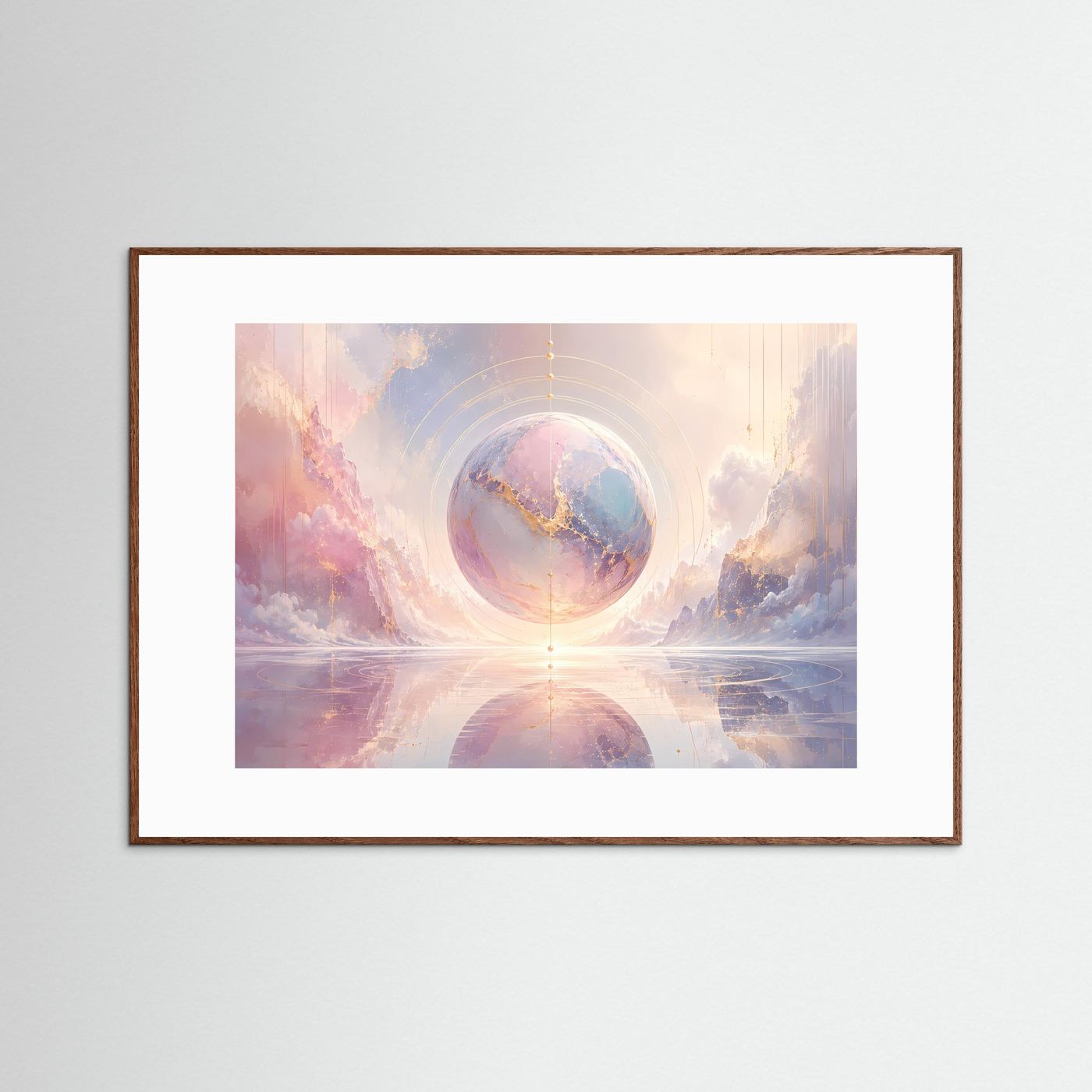 Abstrakte Sphäre Poster | Pastell Kosmos Wandbild mit Goldakzenten | Moderne Surreale Himmelskunst Querformat