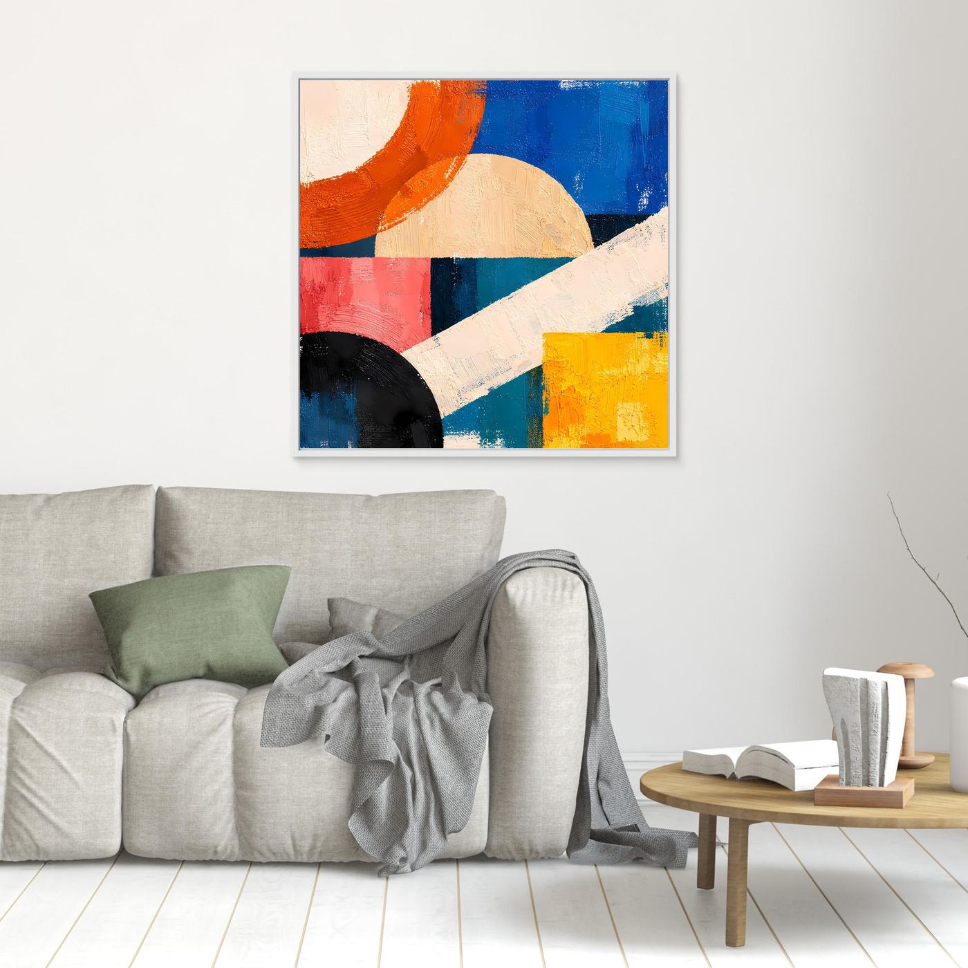 Abstract geometric canvas wall art with white frame, blue orange red yellow abstract forms