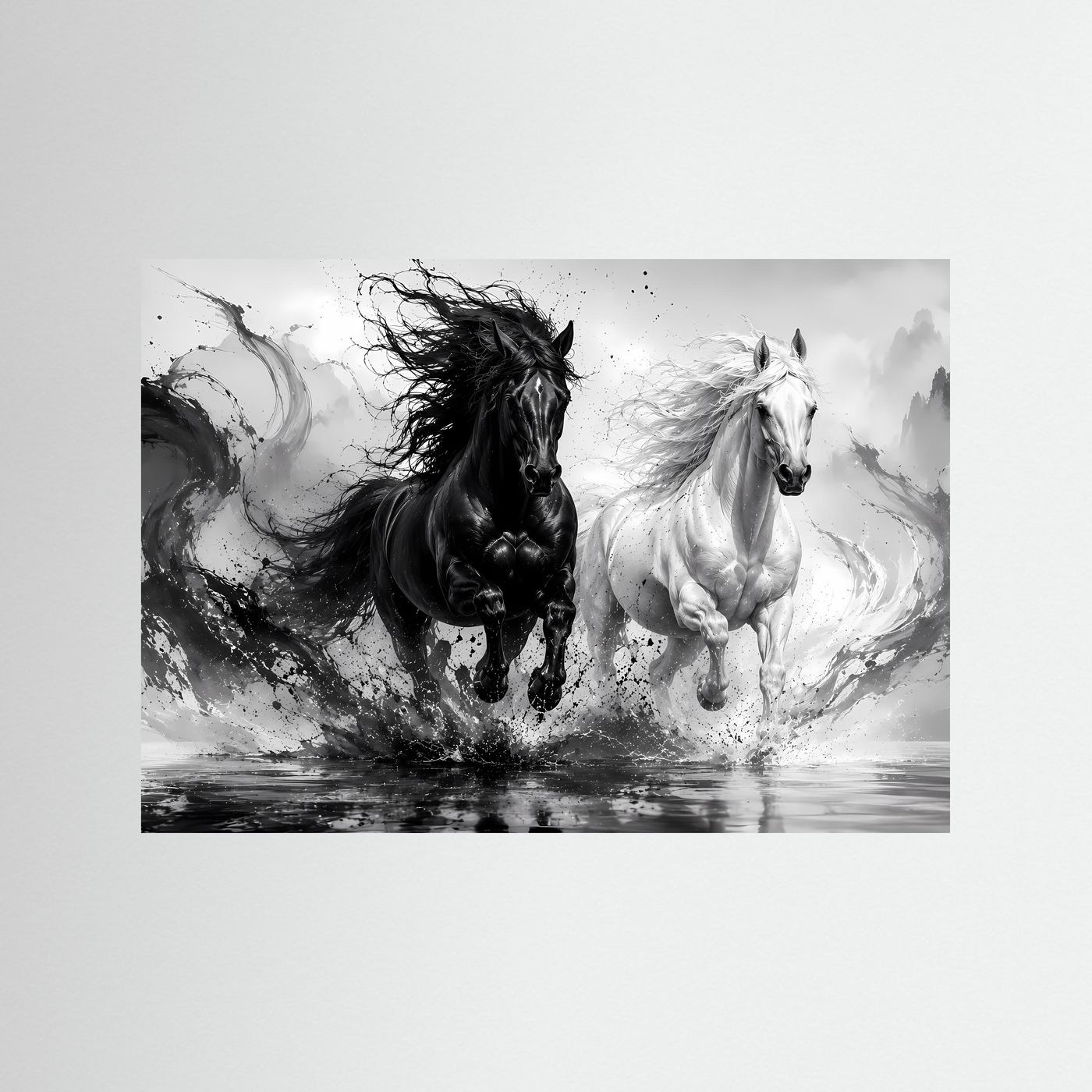 Schwarz Weiß Pferde Poster | Yin Yang Pferde Wandbild | Galoppierende Schwarze und Weiße Pferde | Moderne Abstrakte Pferdekunst