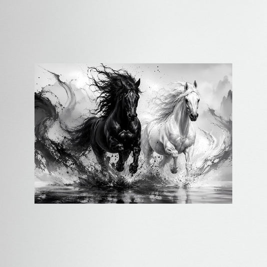 Poster mit galoppierenden schwarzen und weißen Pferden in Schwarz-Weiß-Abstract
