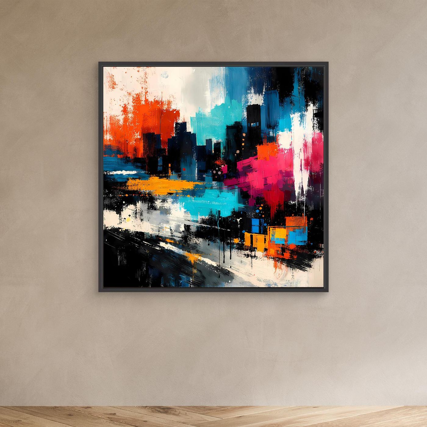 Abstract city skyline wall art with blue, orange, pink, and black paint, black frame