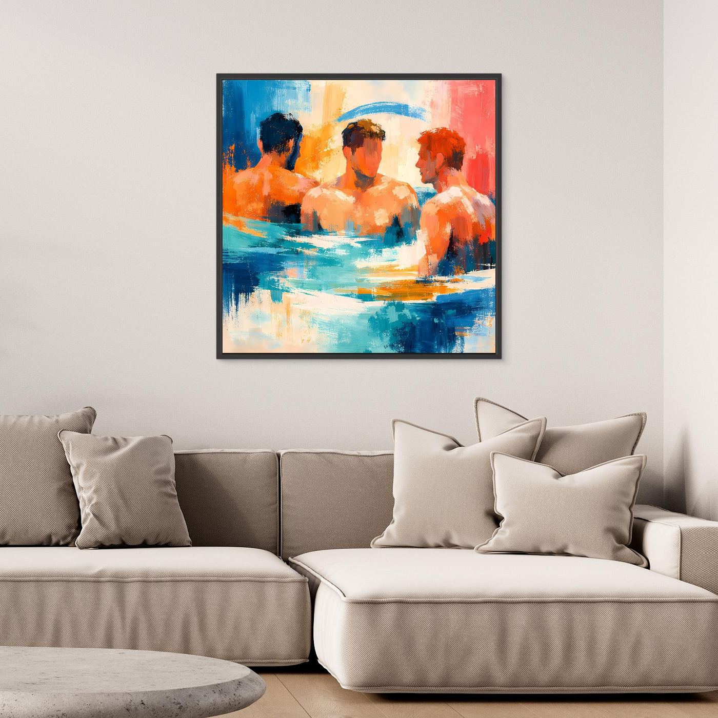 Abstract canvas wall art with black frame: swimmers in blue and orange water