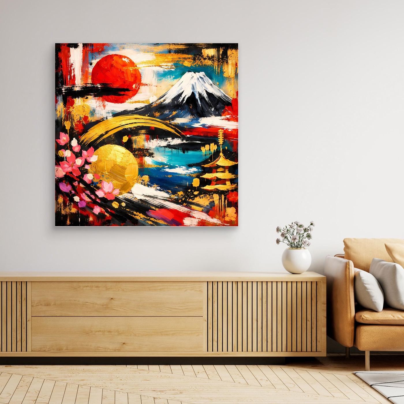 Gerahmtes Leinwandbild: abstrakter Fuji mit Kirschblüten, goldbraune Umrandung