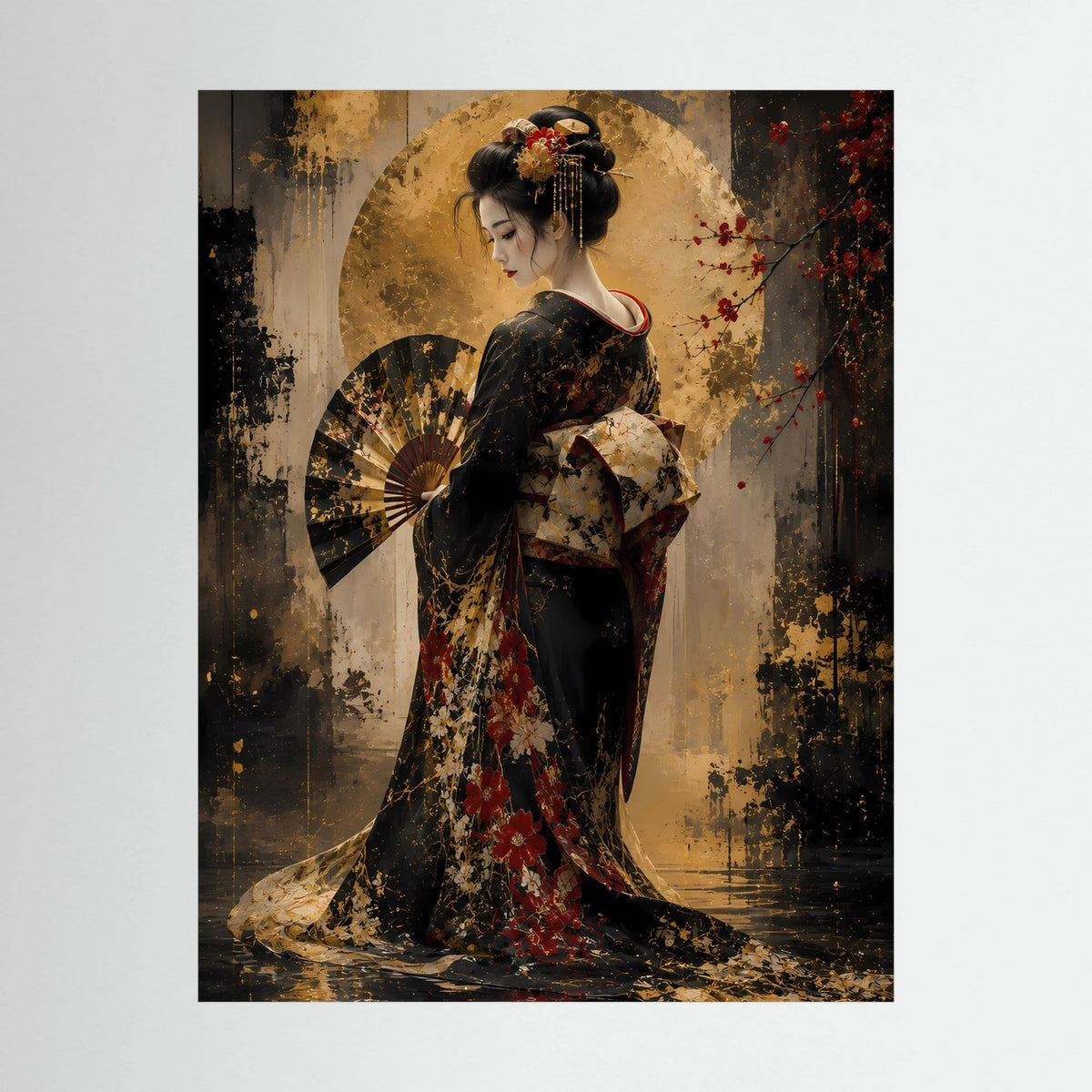 Nahansicht: Hochformat-Poster mit Geisha im schwarzen Kimono, goldene Hintergründe, schwarzer Rahmen.