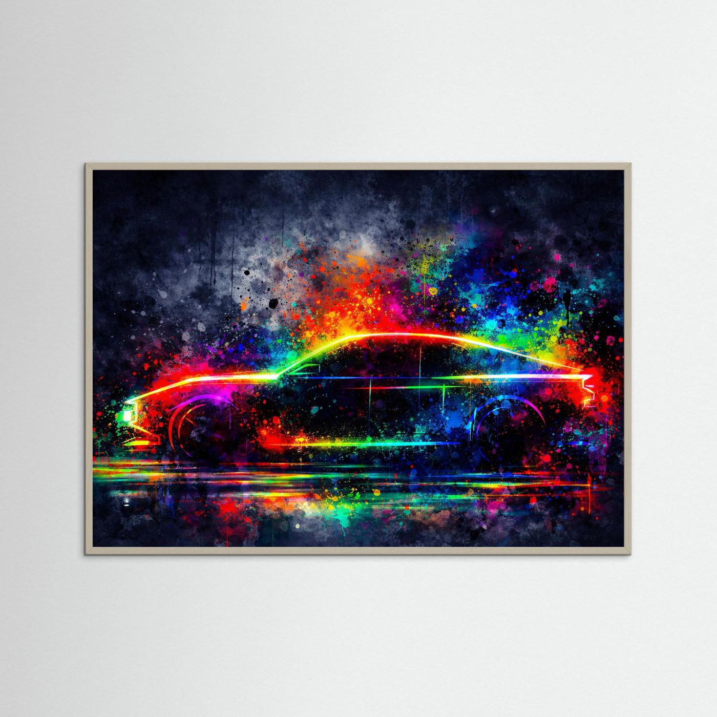 Neon Auto-Silhouette im Farbexplosion-Stil | Minimalistische Sportwagen Kunst Poster Querformat