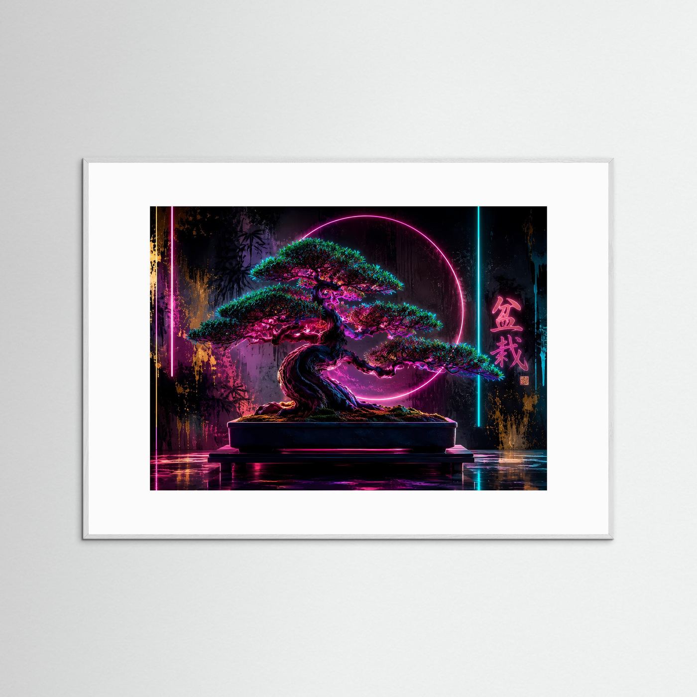 Neon Bonsai Poster | Japanische Zen Kunst | Cyber Bonsai Baum | Futuristische Wandkunst | Fine Art Print