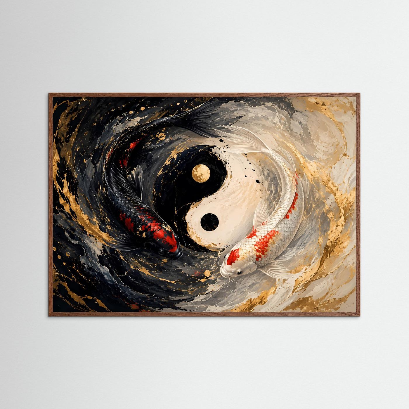 Yin Yang Koi Poster Querformat | Koi Karpfen Wandbild Schwarz Weiß Gold | Moderne Zen Kunst