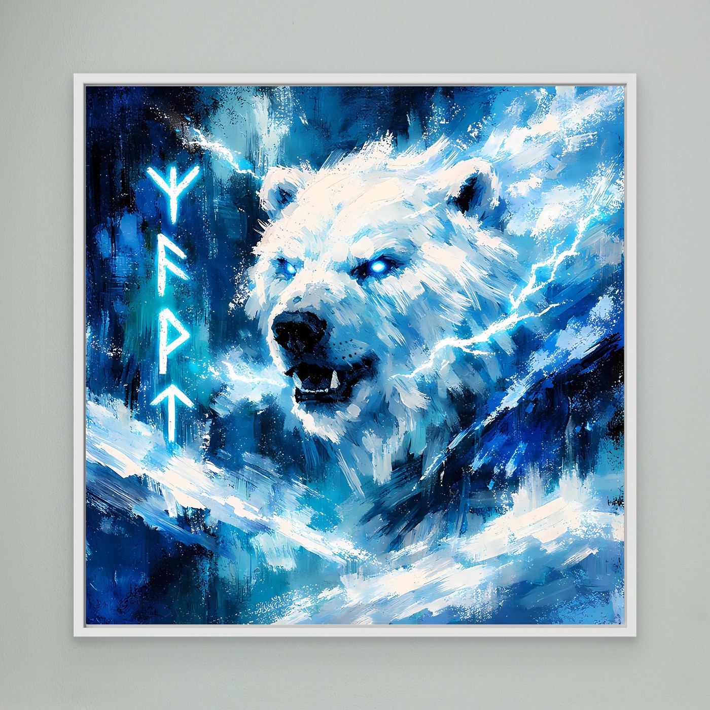 Leinwand-Wandbild: blauer Eisbär mit Runen, abstrakte Lichtstrahlen im weißen Rahmen