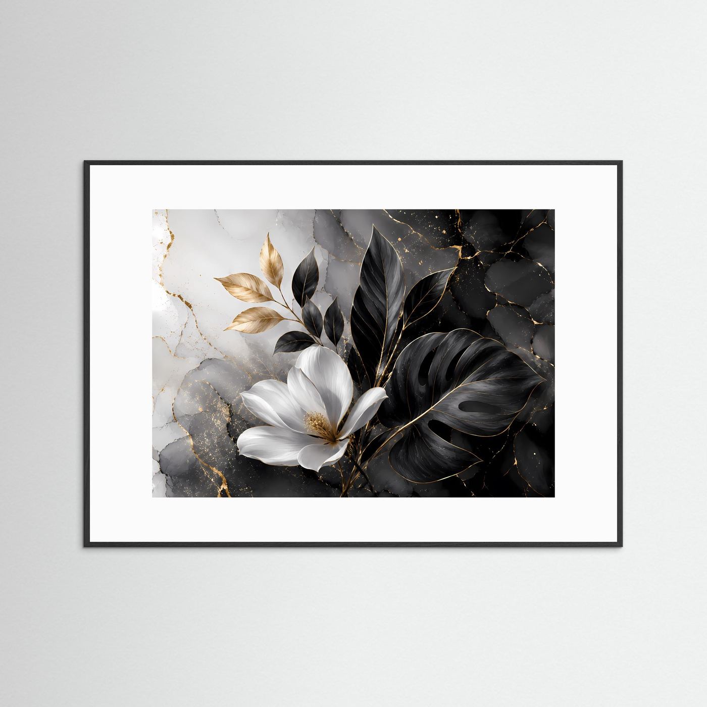 Magnolie Schwarz Gold Wandbild | Botanische Luxus Kunst | Monstera Blätter Poster | Elegante Leinwand | Modern Floral Wall Art | Marmor Dekoration