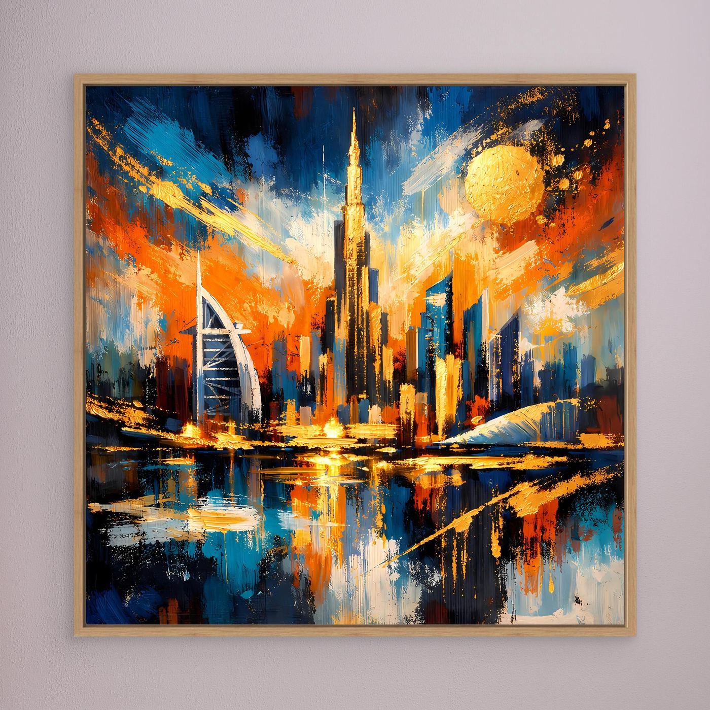 Abstraktes Leinwandbild mit hellem Holzrahmen, Skyline in Blau, Orange und Gold mit Reflexionen