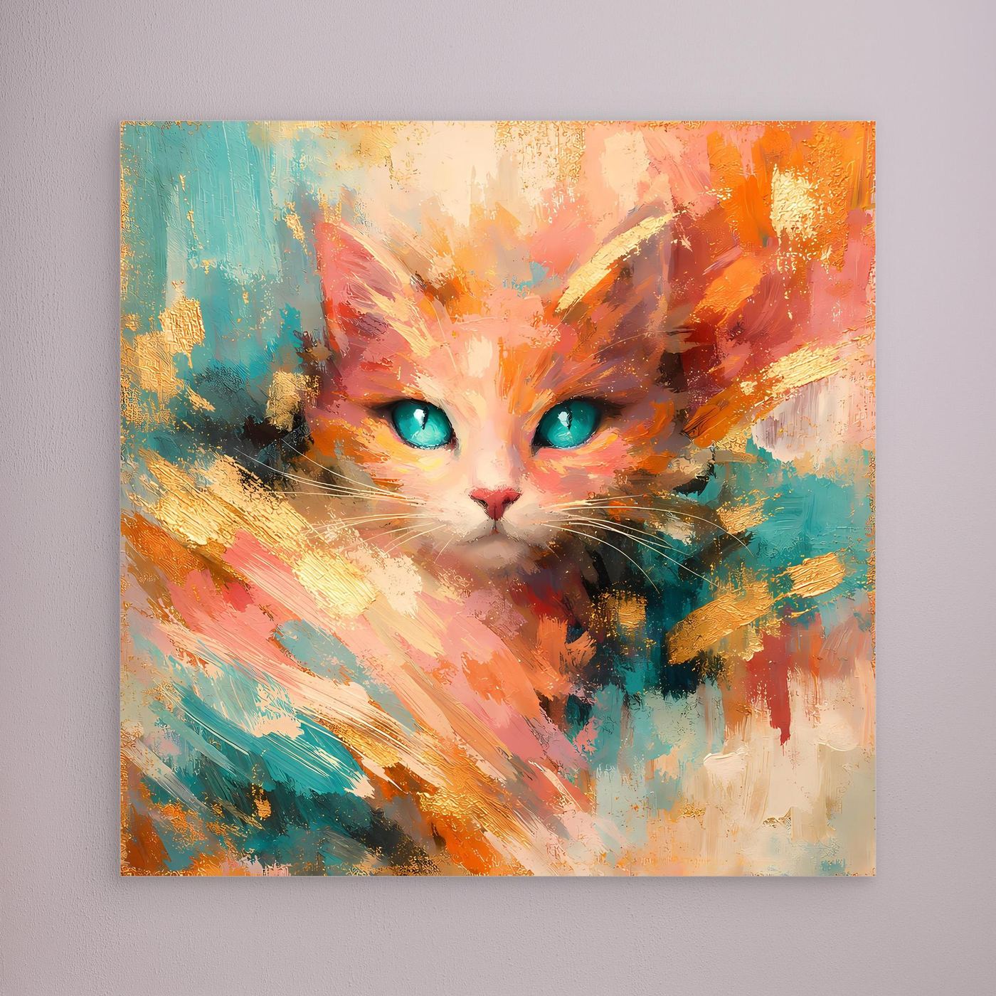 Leinwandbild einer abstrakten Katze mit türkisfarbenen Augen, ohne Rahmen