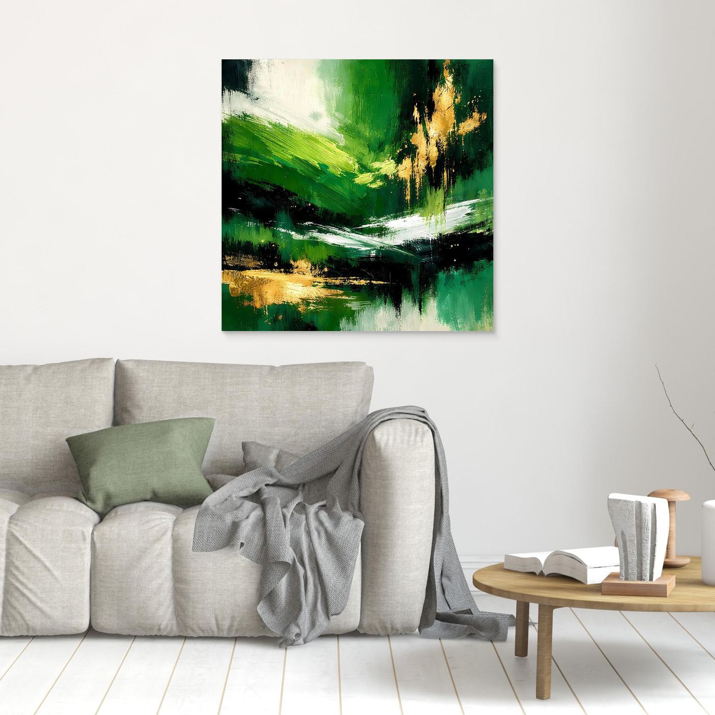 Leinwand Abstraktes Landschaftsgemälde in Smaragdgrün und Gold | Modernes Natur Wandbild