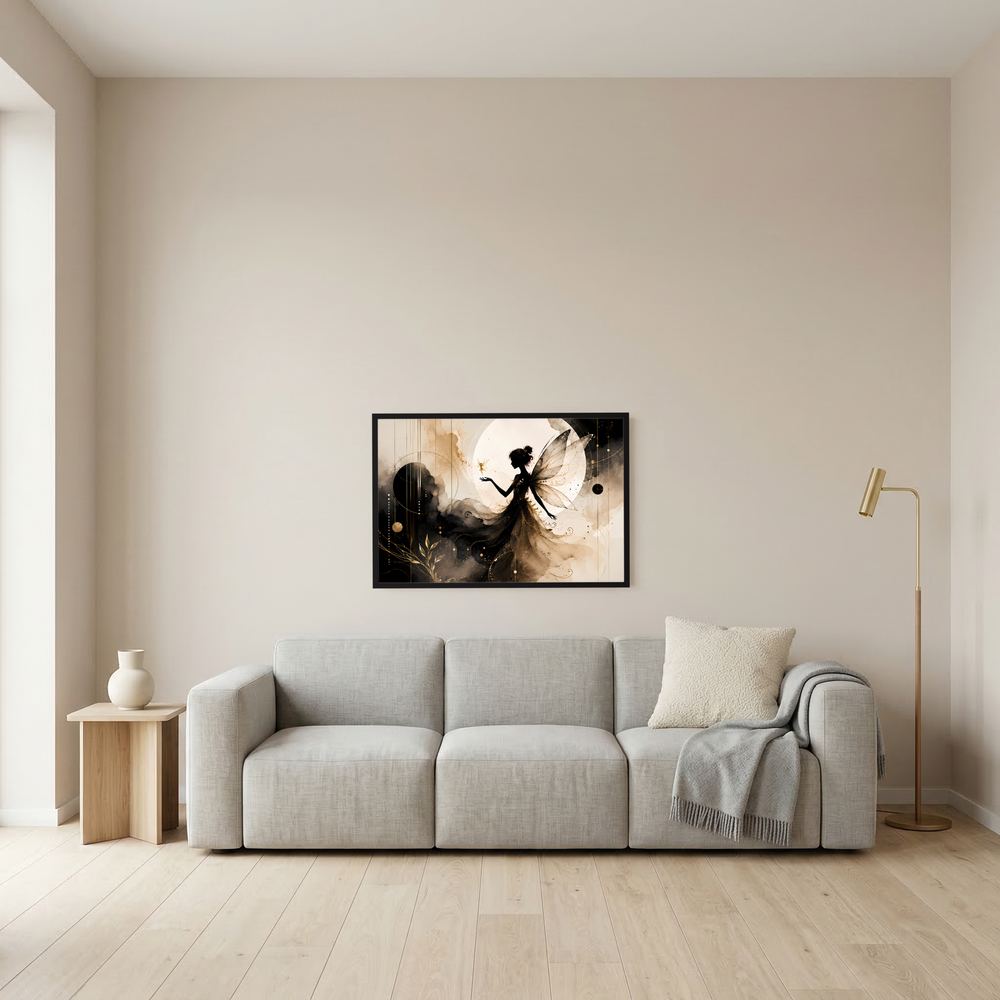 Wandbild im Schwarzrahmen: Fee mit Flügeln, schwarz-gold, kleines Querformat