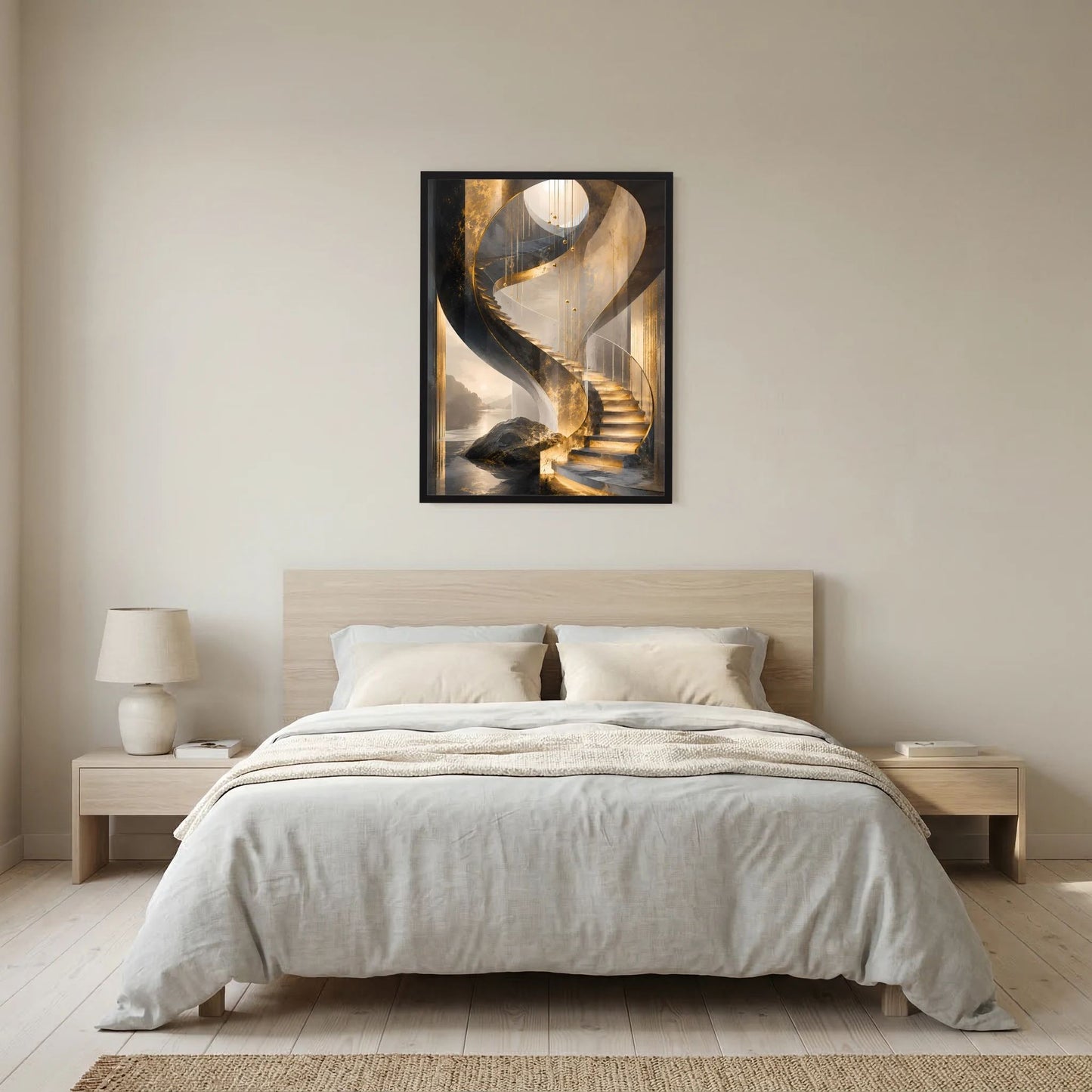 Gerahmtes Poster mit goldener Wendeltreppe auf dunklem Architekturmotiv