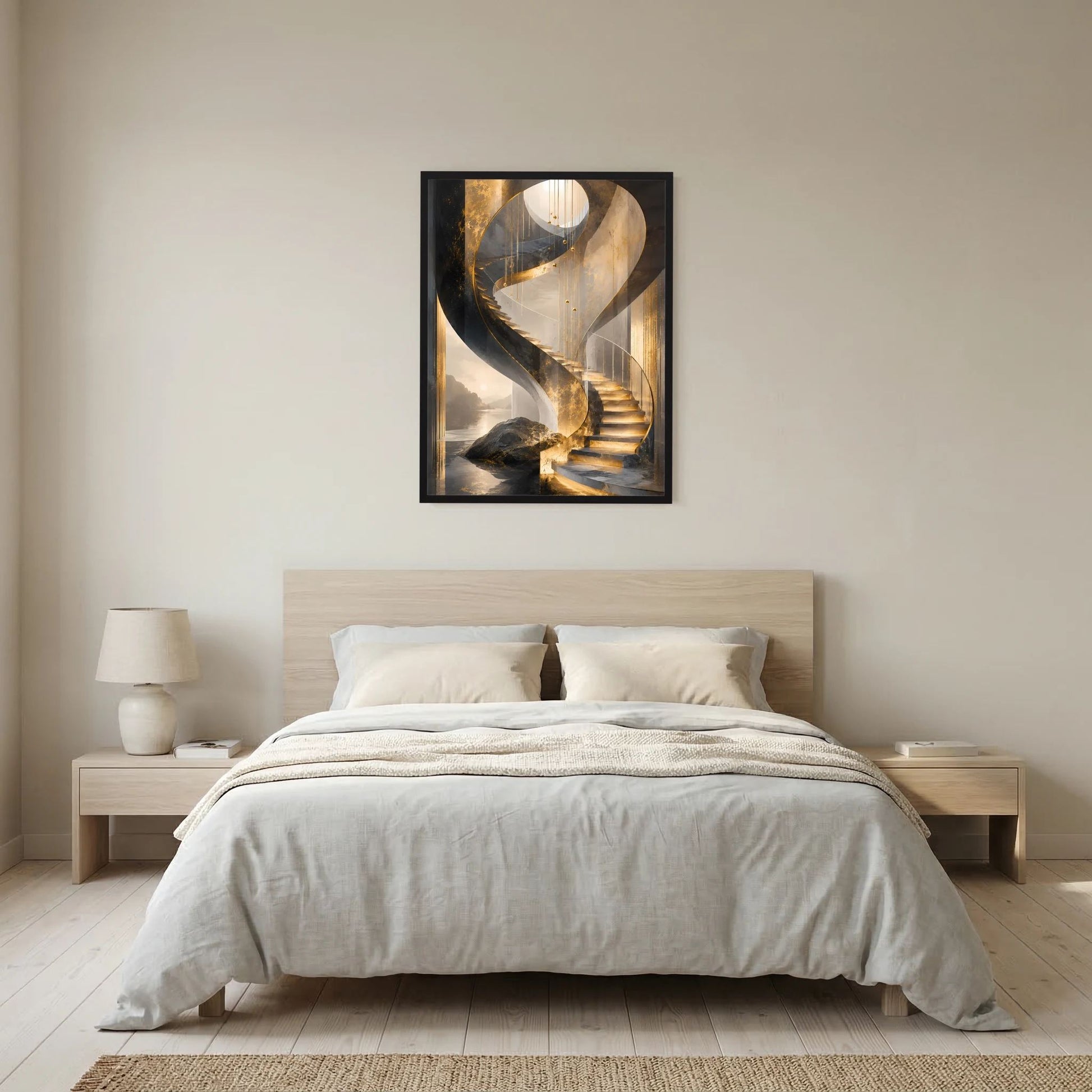 Gerahmtes Poster mit goldener Wendeltreppe auf dunklem Architekturmotiv