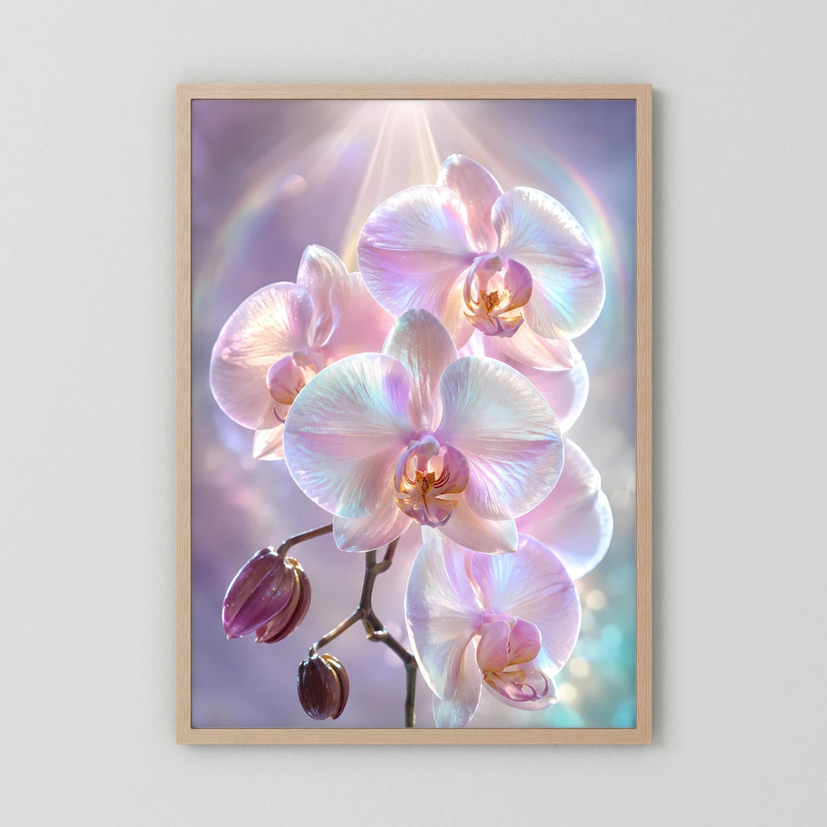 Kunstposter im Holzrahmen mit schimmernden Orchideenblüten in Rosa und Perlmuttfarben