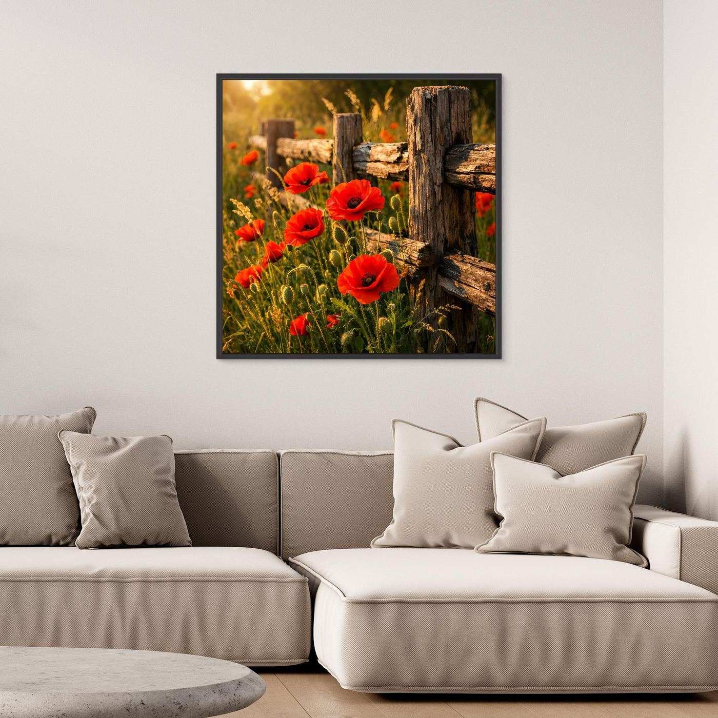 Gerahmtes Leinwandbild mit roten Mohnblumen am Holz-Zaun, schwarzer Rahmen