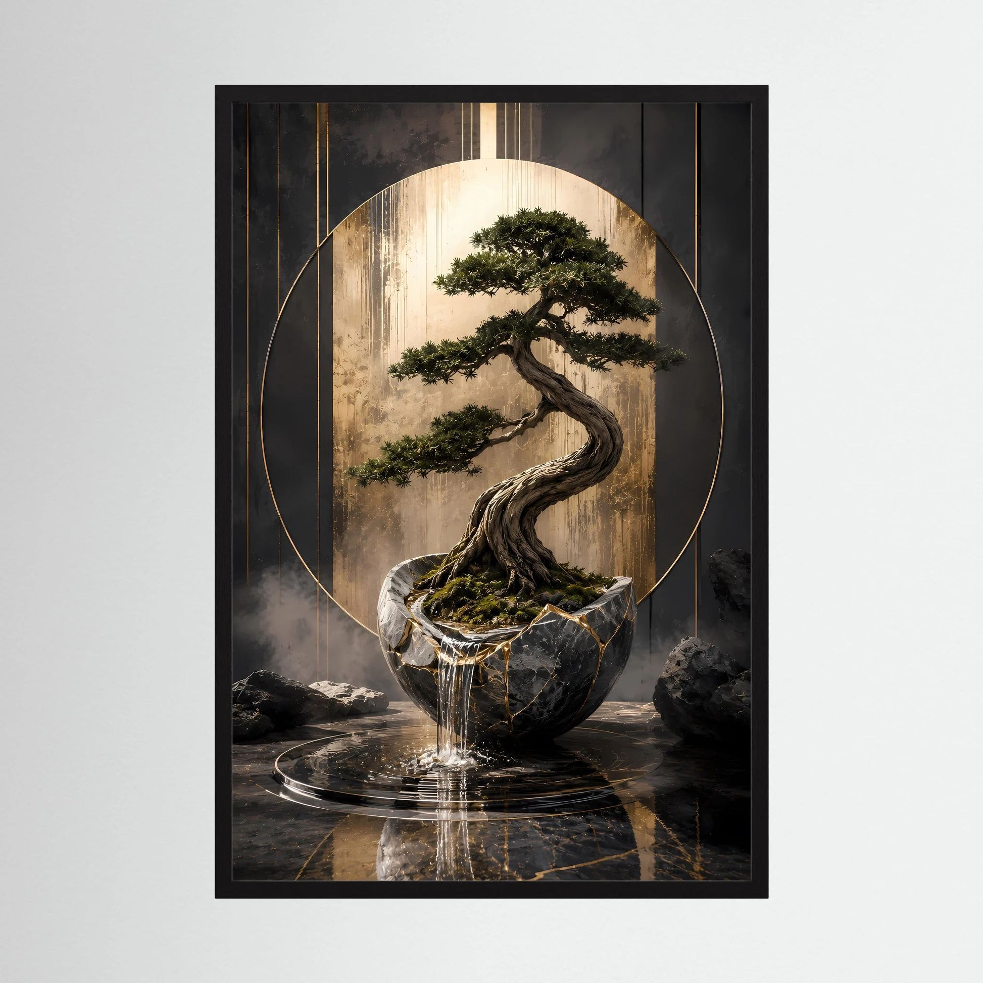 Hochformat-Poster mit Bonsai in dunklem Topf, schwarz-goldene Linien, schwarzer Rahmen
