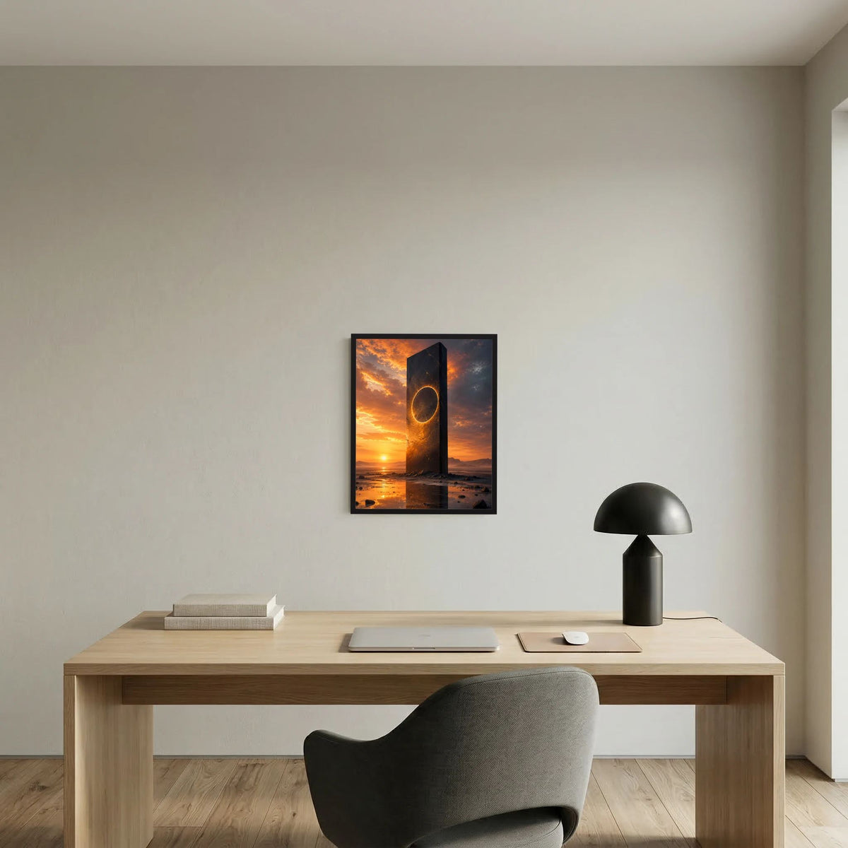 Hochformat-Poster am Tisch: schwarzer Monolith mit goldenem Portalring im orangefarbenen Sonnenuntergang.