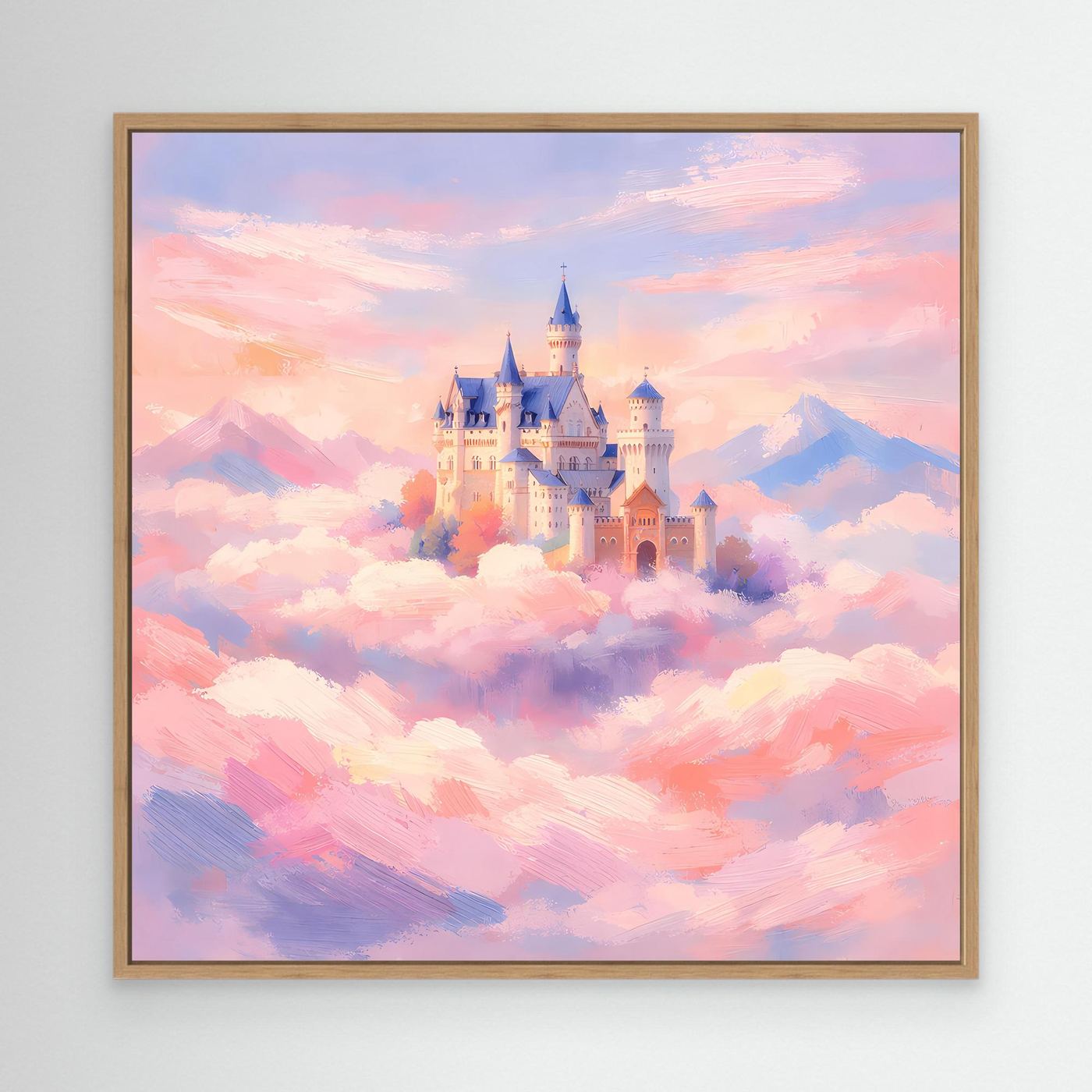 Leinwand Schloss Neuschwanstein über Wolken | Märchenhafte Pastelltöne Wandbild