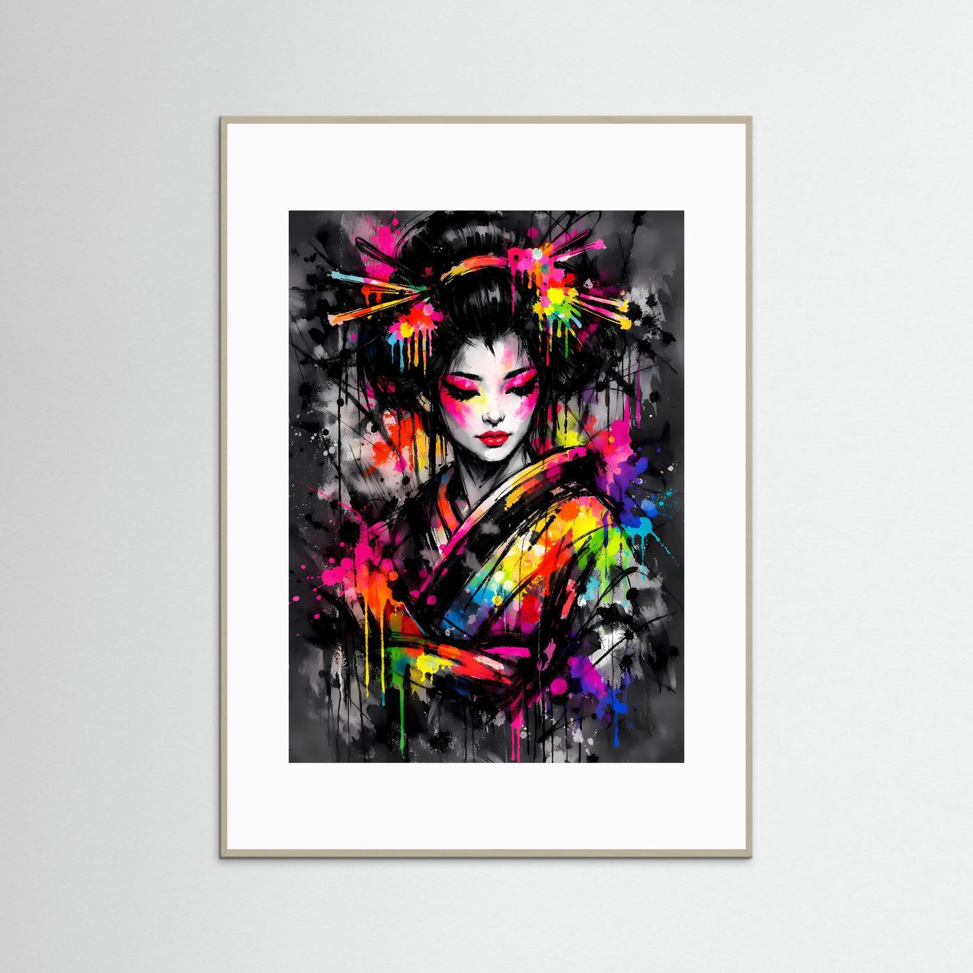 The Neon Geisha | Luxuriöses Geisha Poster Bunt & Dunkel | Abstraktes Japan Kunstposter Hochformat