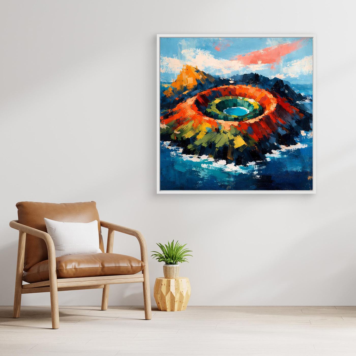 Abstraktes Leinwandbild mit Vulkankrater, mit weißem Rahmen