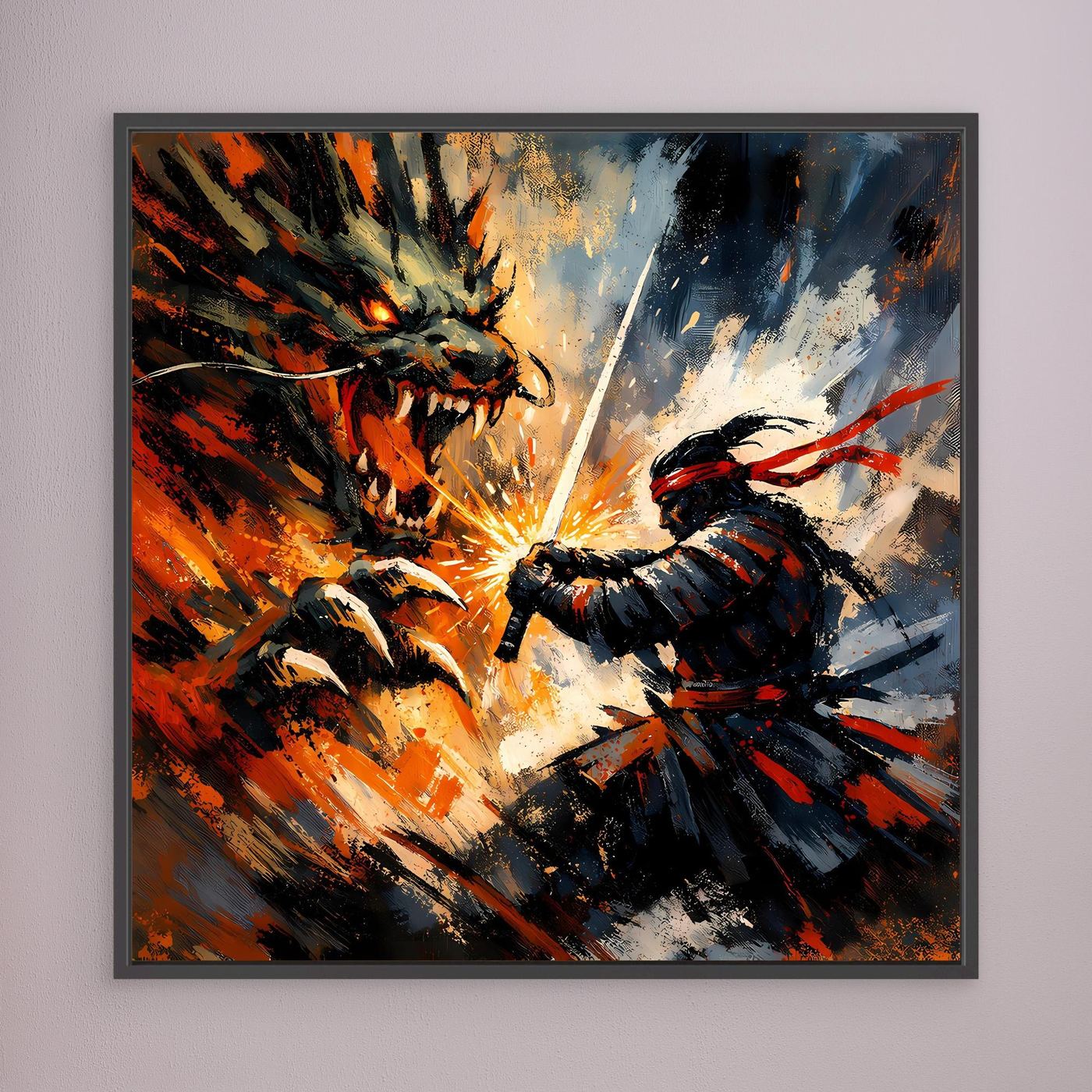 Premium Leinwand Samurai gegen Drache | Abstraktes Fantasy Wandbild Voller Dynamik & Kampfgeist