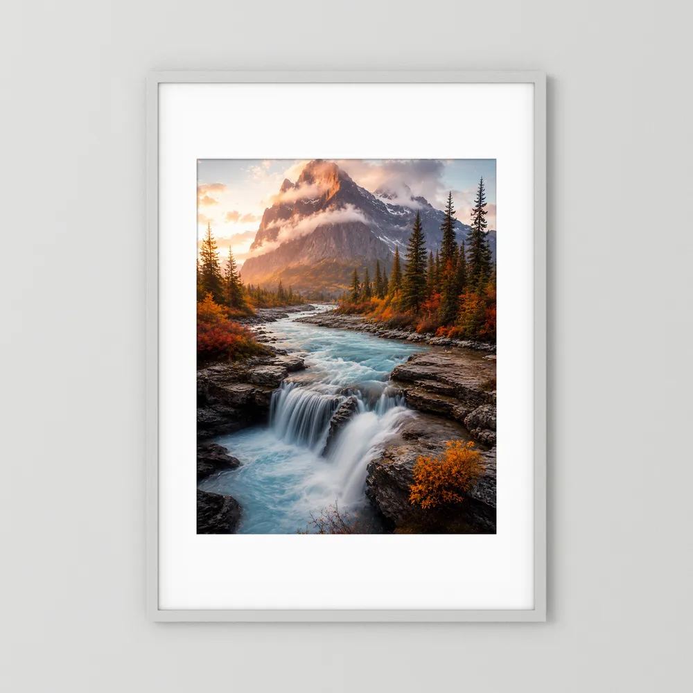 Hochformat-Poster im weißen Rahmen mit Passepartout und Wasserfall in Berglandschaft