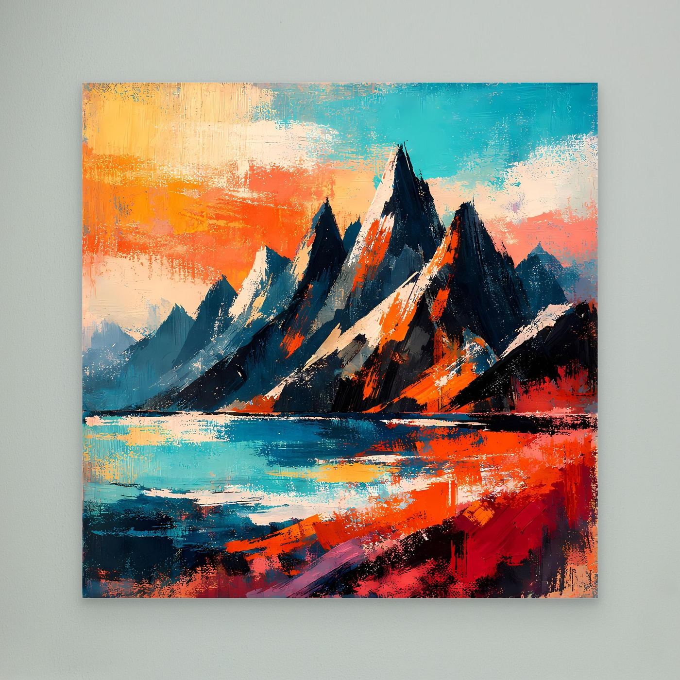 Abstraktes Leinwand-Wandbild mit Bergen und leuchtendem Wasserfall, ohne Rahmen