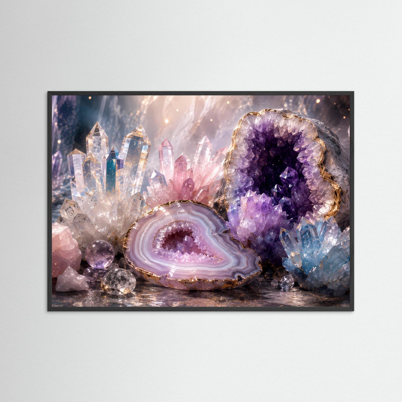 Kristalle & Geoden Poster | Amethyst, Rosenquarz & Bergkristall Wandbild | Luxuriöse Edelstein Kunst | Premium Leinwand & Wall Art