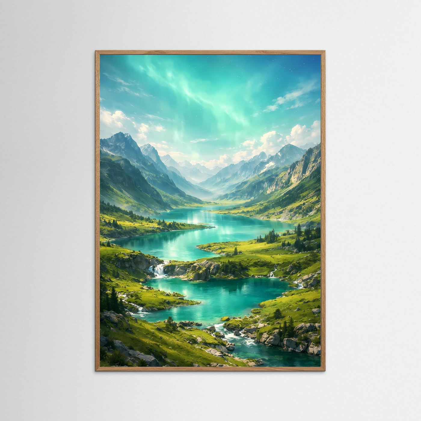 Gerahmtes Hochformat-Poster: Bergsee mit türkisfarbenem Wasser, grünen Tälern und Bergen, braunes Holz
