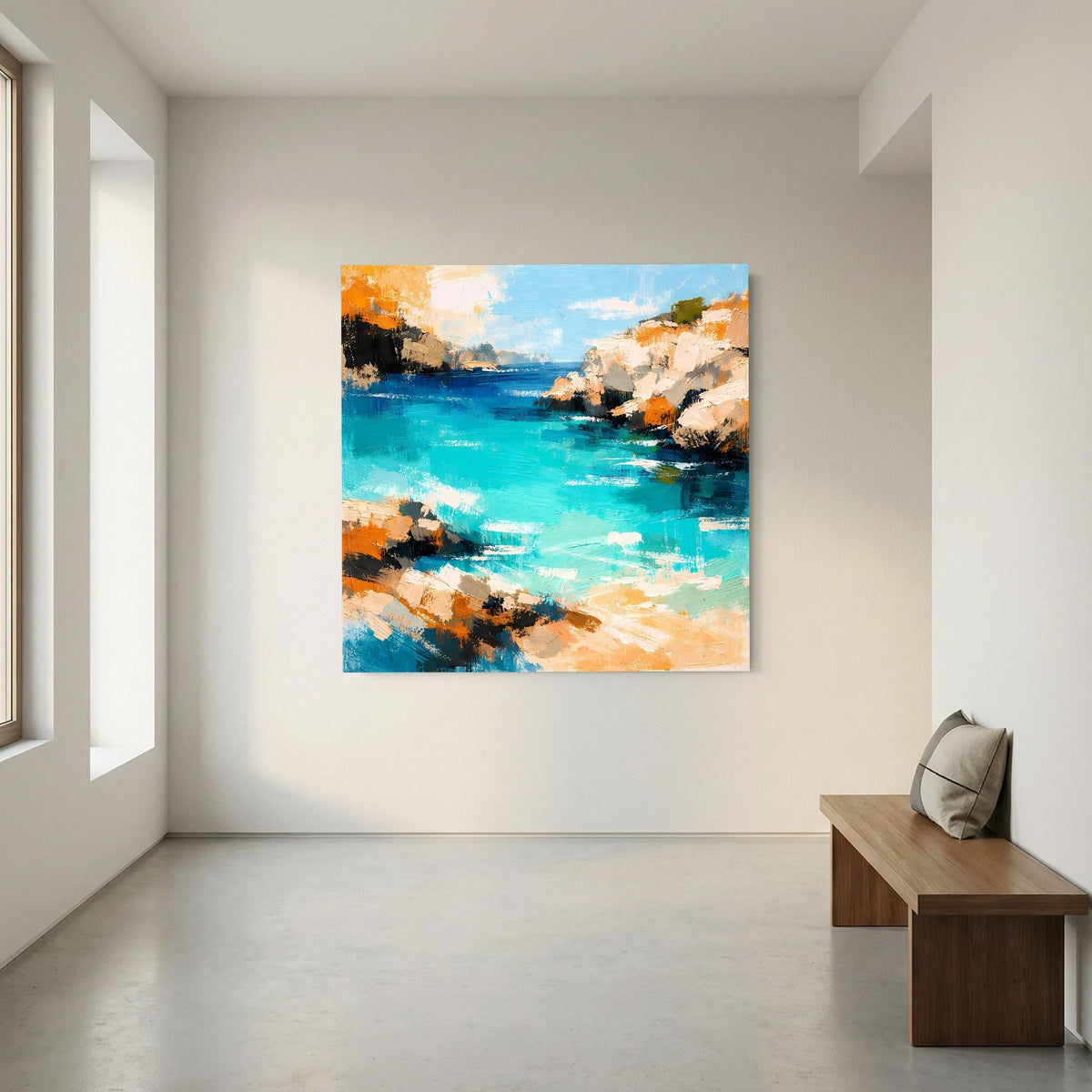 Abstraktes Wandbild einer Klippenbucht: türkisblaues Wasser, orange und beiger Küstensaum