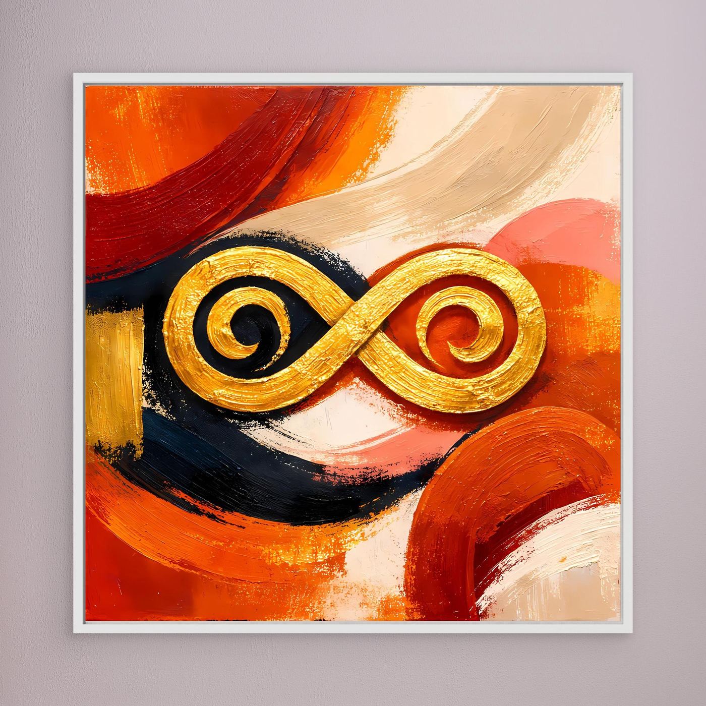 Leinwandbild mit goldenem Unendlichkeitszeichen im abstrakten Orange-Rot-Muster, weißer Rahmen