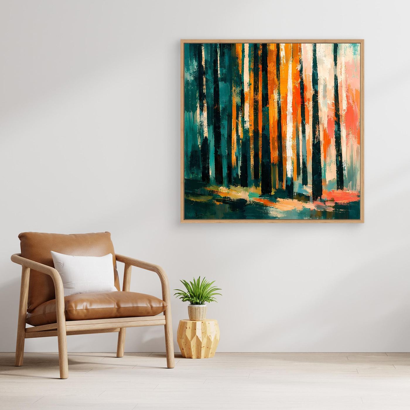 Leinwand-Wandbild mit abstraktem Birkenwald im Herbst, goldbrauner Rahmen