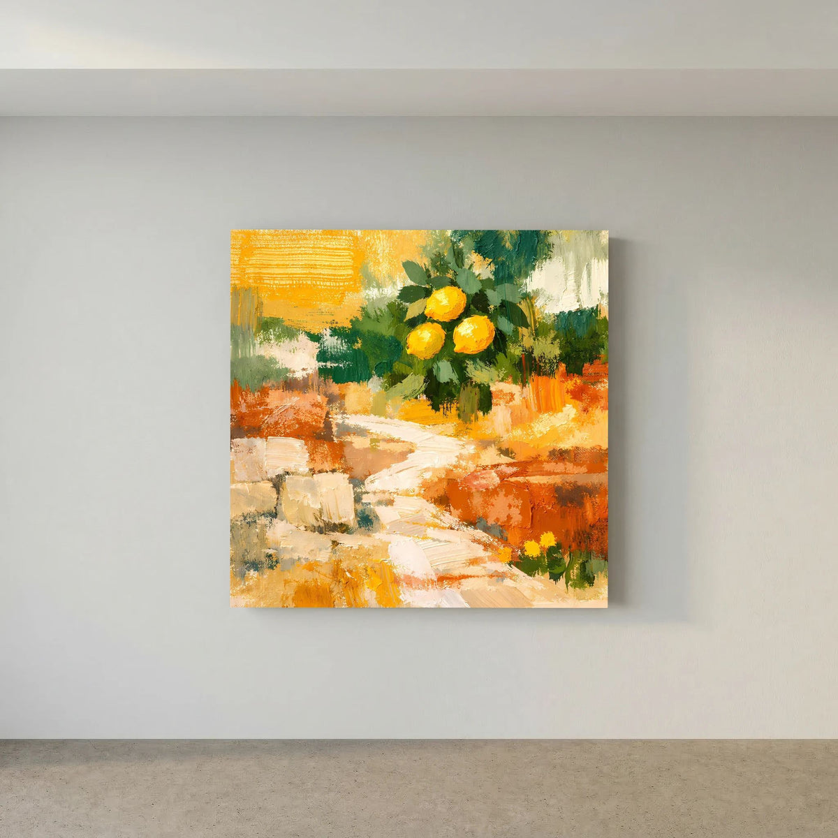 Quadratisches Wandbild mit abstrakter Landschaft und Zitronenzweig in Orange und Grün