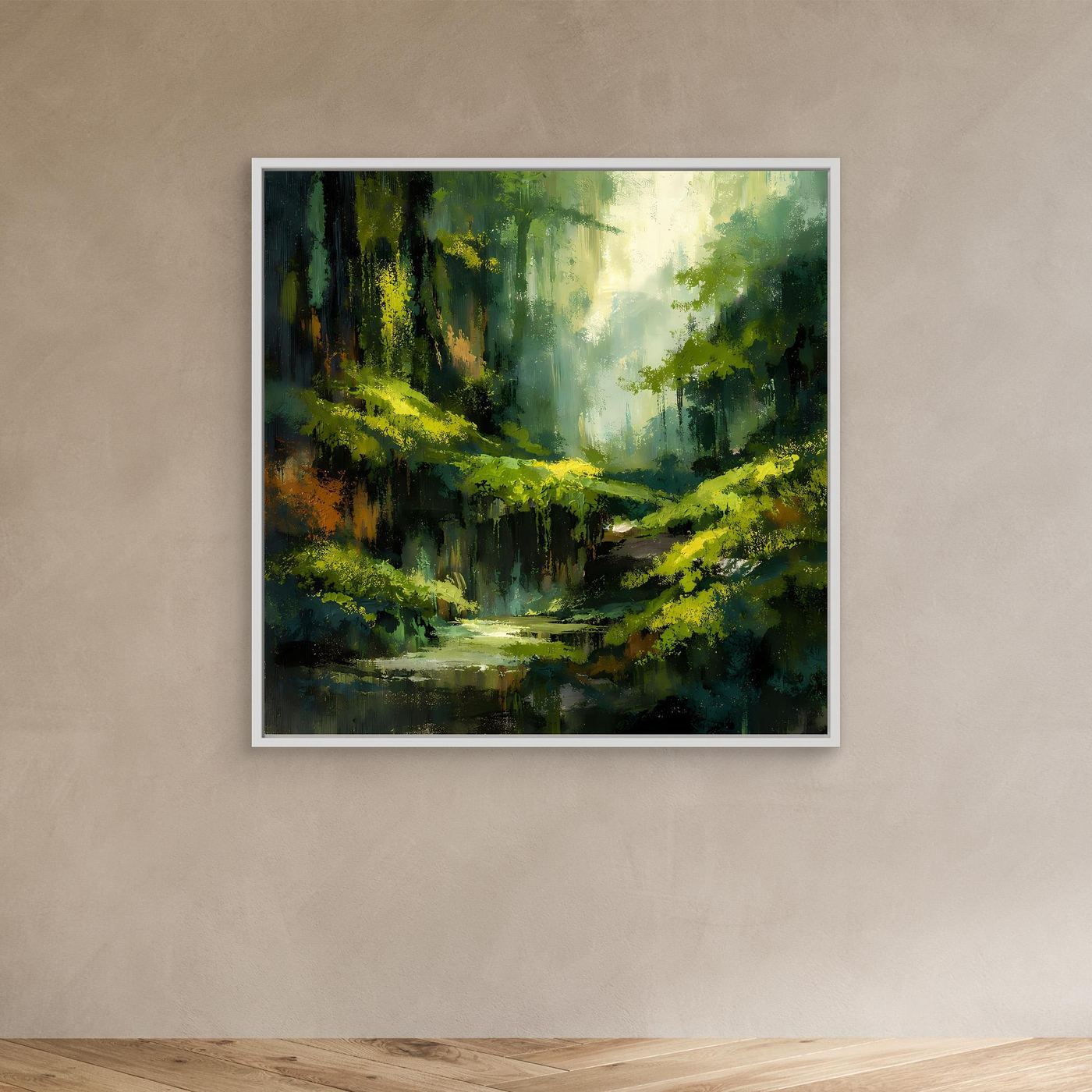 Leinwand-Wandbild mit weißem Rahmen, abstrakter Waldpfad und grüner Bach