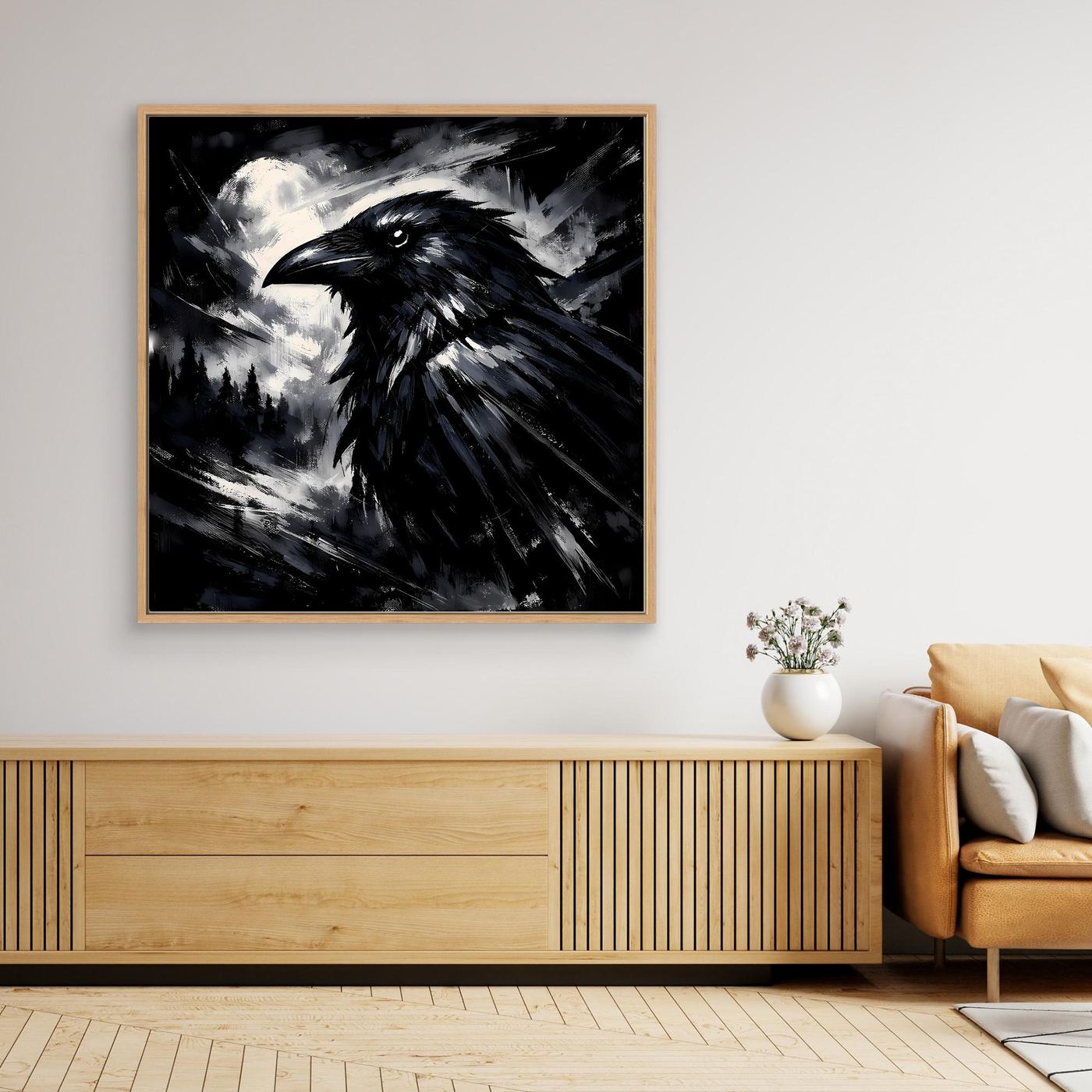 Quadratisches Leinwandbild mit schwarzem Raben und silbernen Mondwolken, brauner Holzrahmen