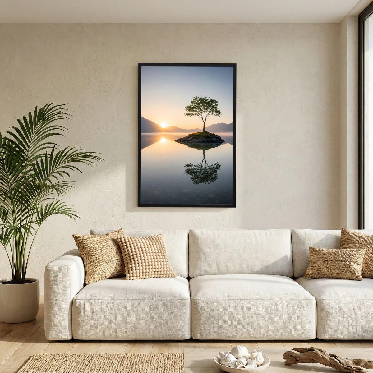 Gerahmtes Hochformat-Poster mit einsamem Baum auf kleiner Insel im Sonnenaufgang, Spiegelung.