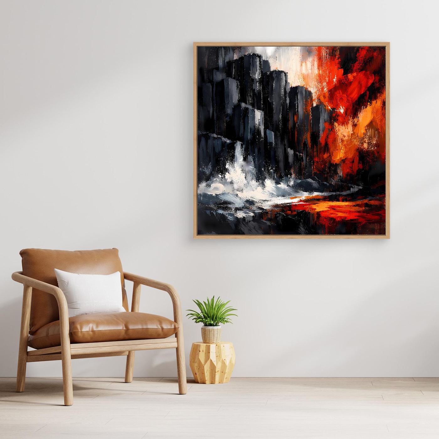 Leinwand-Wandbild mit abstrakten Felsklippen, rotem Sonnenuntergang und Holzrahmen