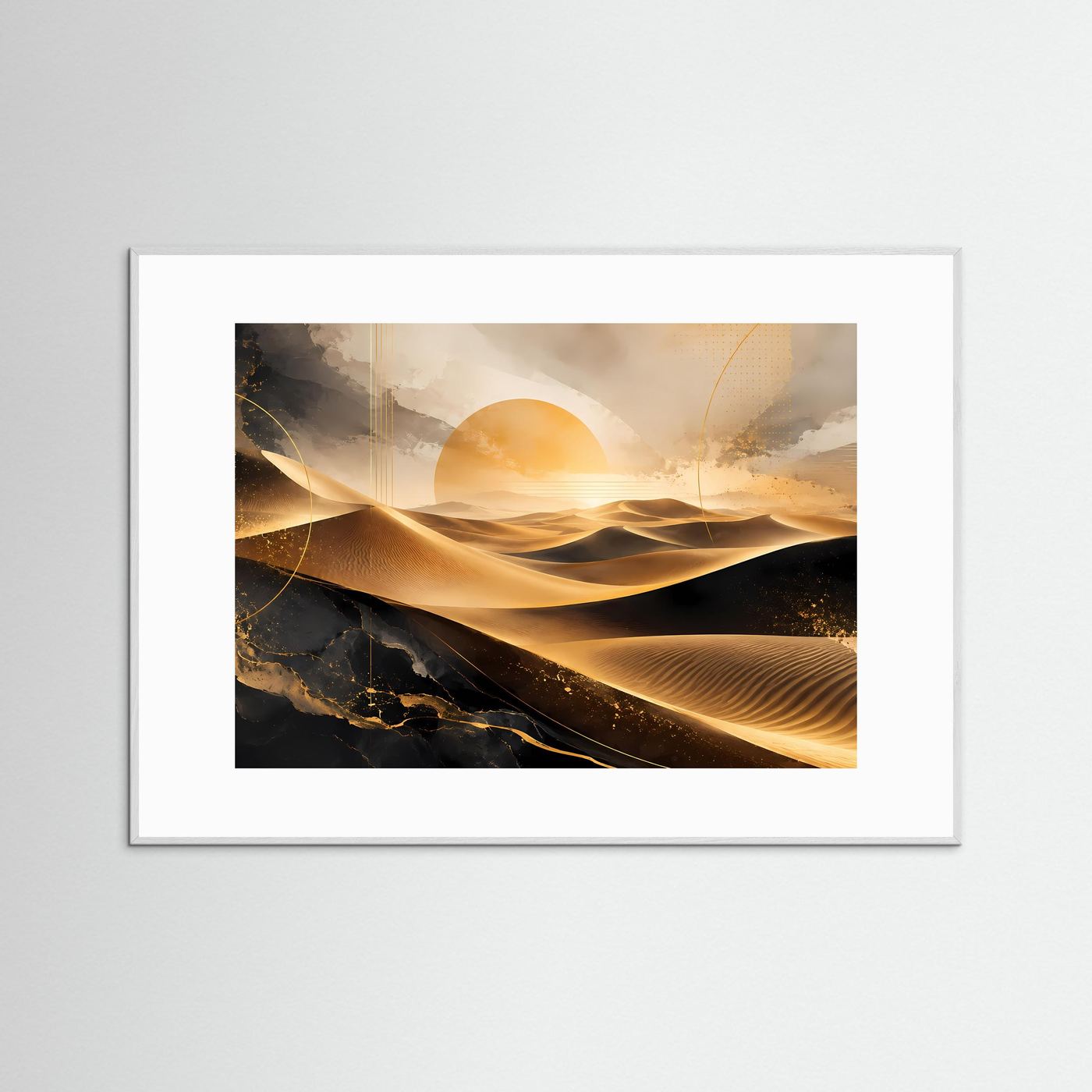 Gerahmtes Poster Wüste: abstrakte Dünen in Schwarz und Gold, weißer Rahmen