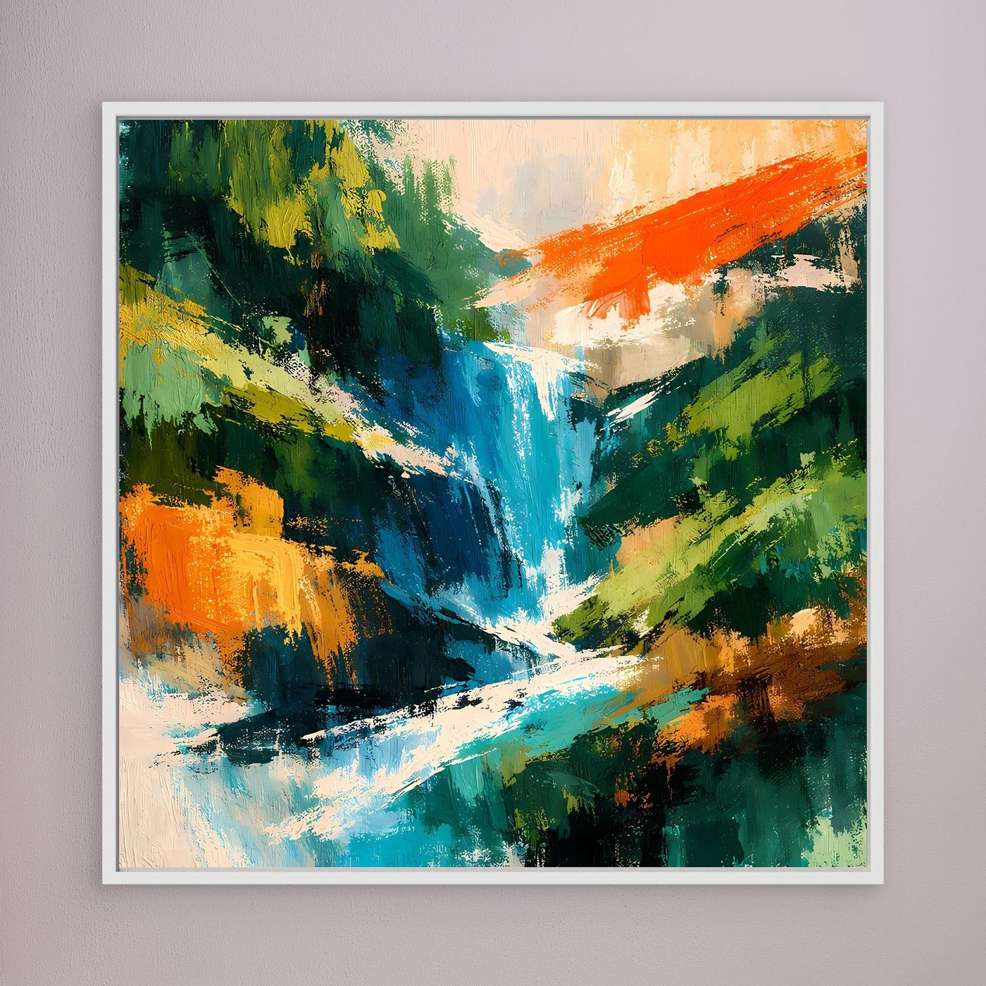 Quadratisches abstraktes Leinwand-Wandbild mit Wasserfall, farbige Pinselstruktur, weißer Rahmen