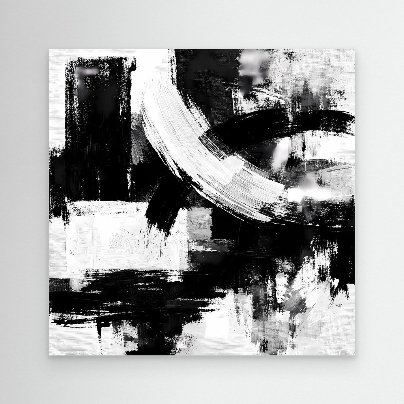 Black-and-white abstract brushstroke canvas wall art, minimalist, no frame