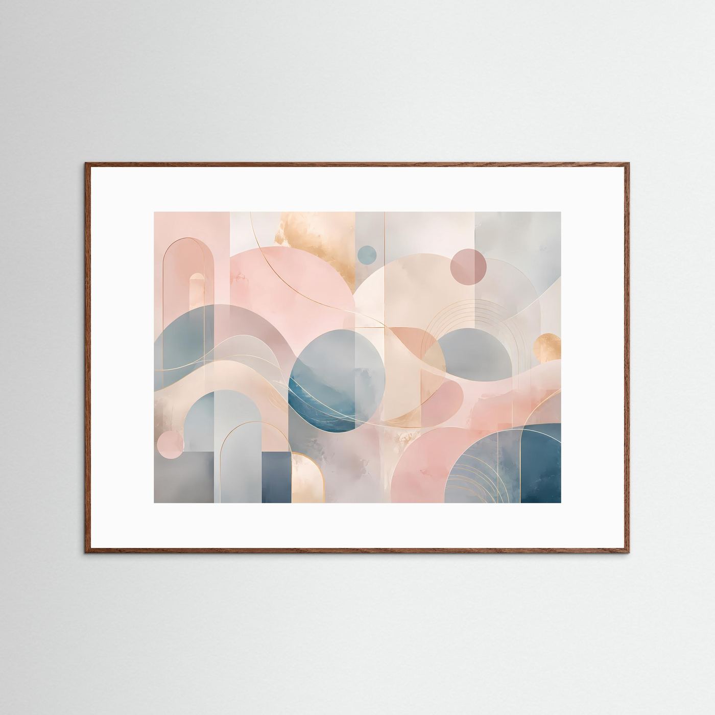 Abstrakte Geometrische Formen in Pastellrosa, Blau & Beige | Moderne Minimalistische Wandkunst mit Bögen, Kreisen und Goldenen Linien | Elegantes Premium Wandbild im Querformat